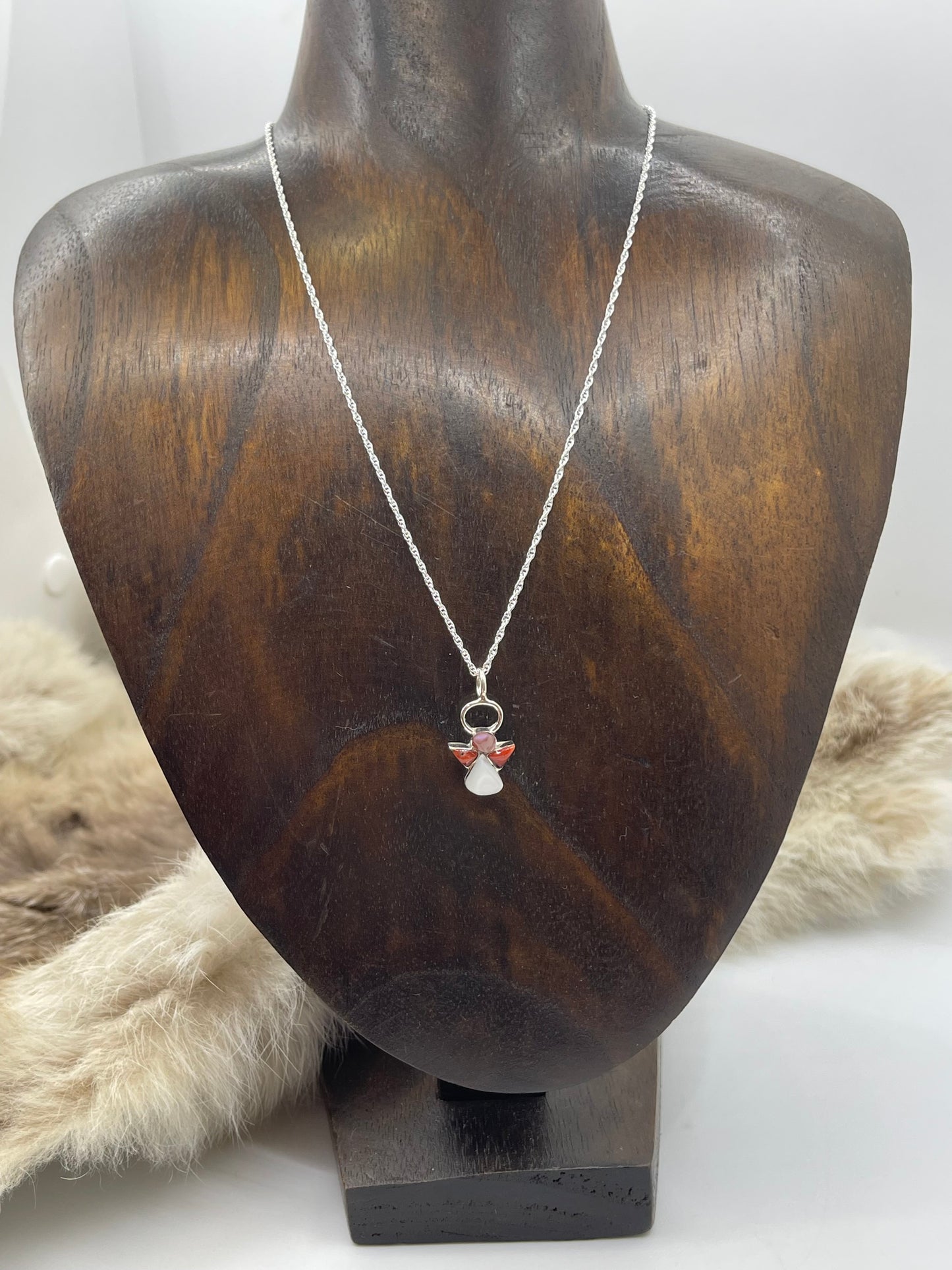 16" Chain with Coral Angel Pendant Necklace by Claudia Maritza, Zuni