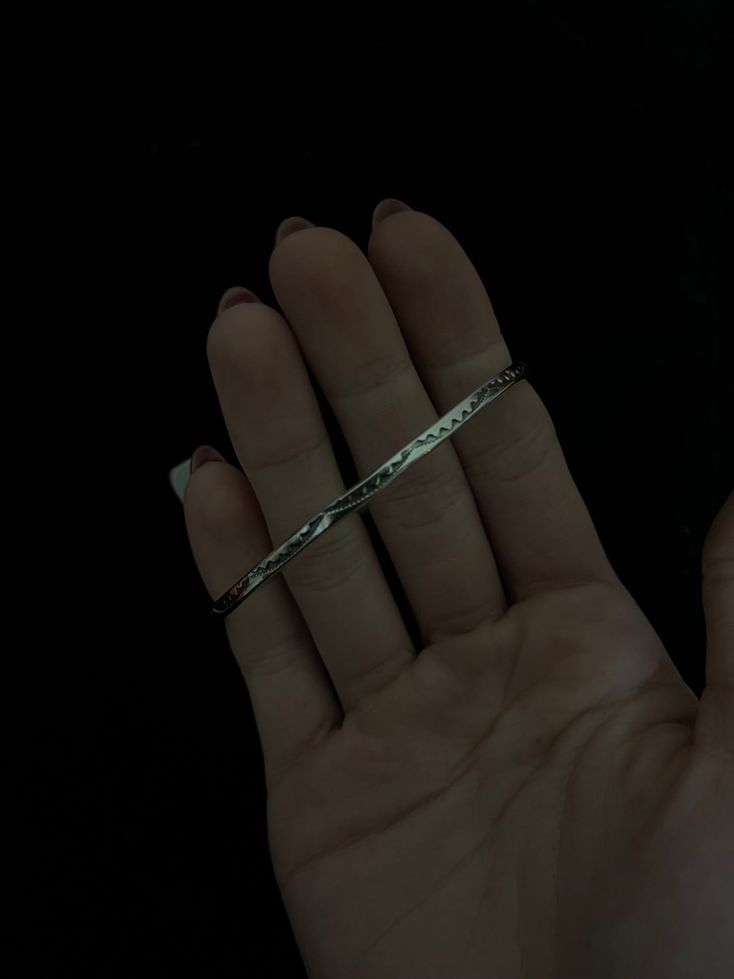8" Stamped Sterling Silver Bangle by Elaine Tahe, Navajo
