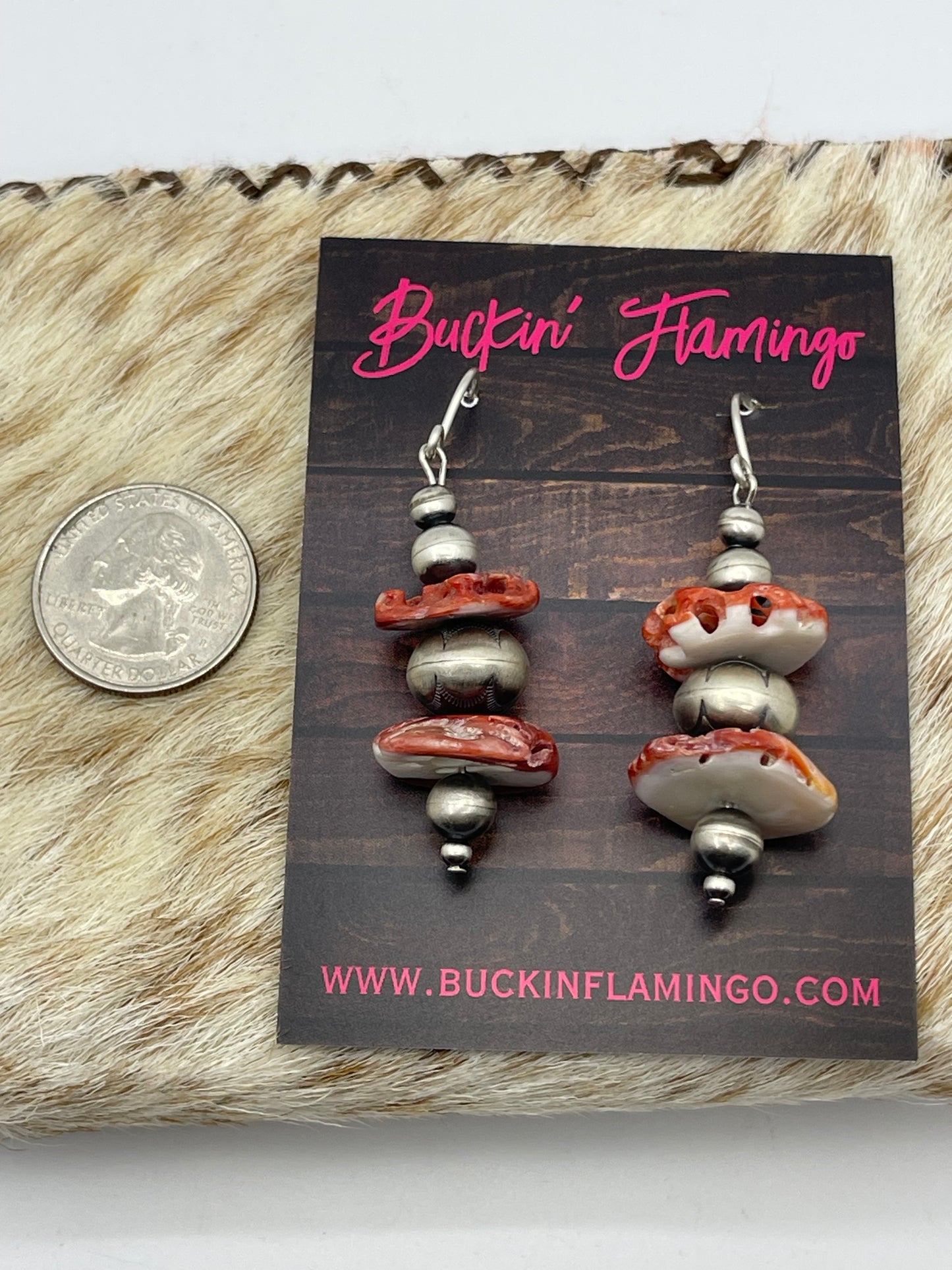 Red/Orange Spiny Oyster Shell and Navajo Pearls Dangle Earrings