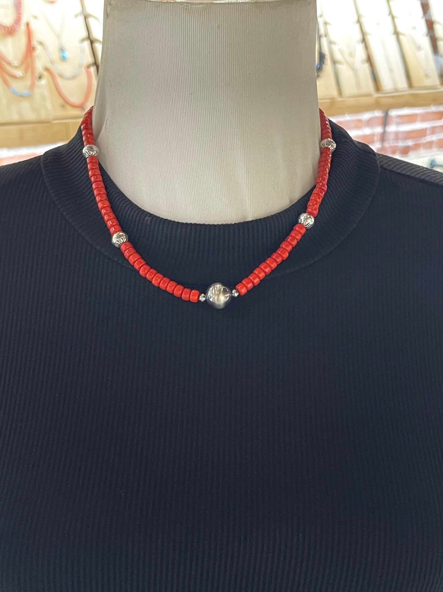 18" Red Coral Cut Beads with Stamped Silver Beads Necklace