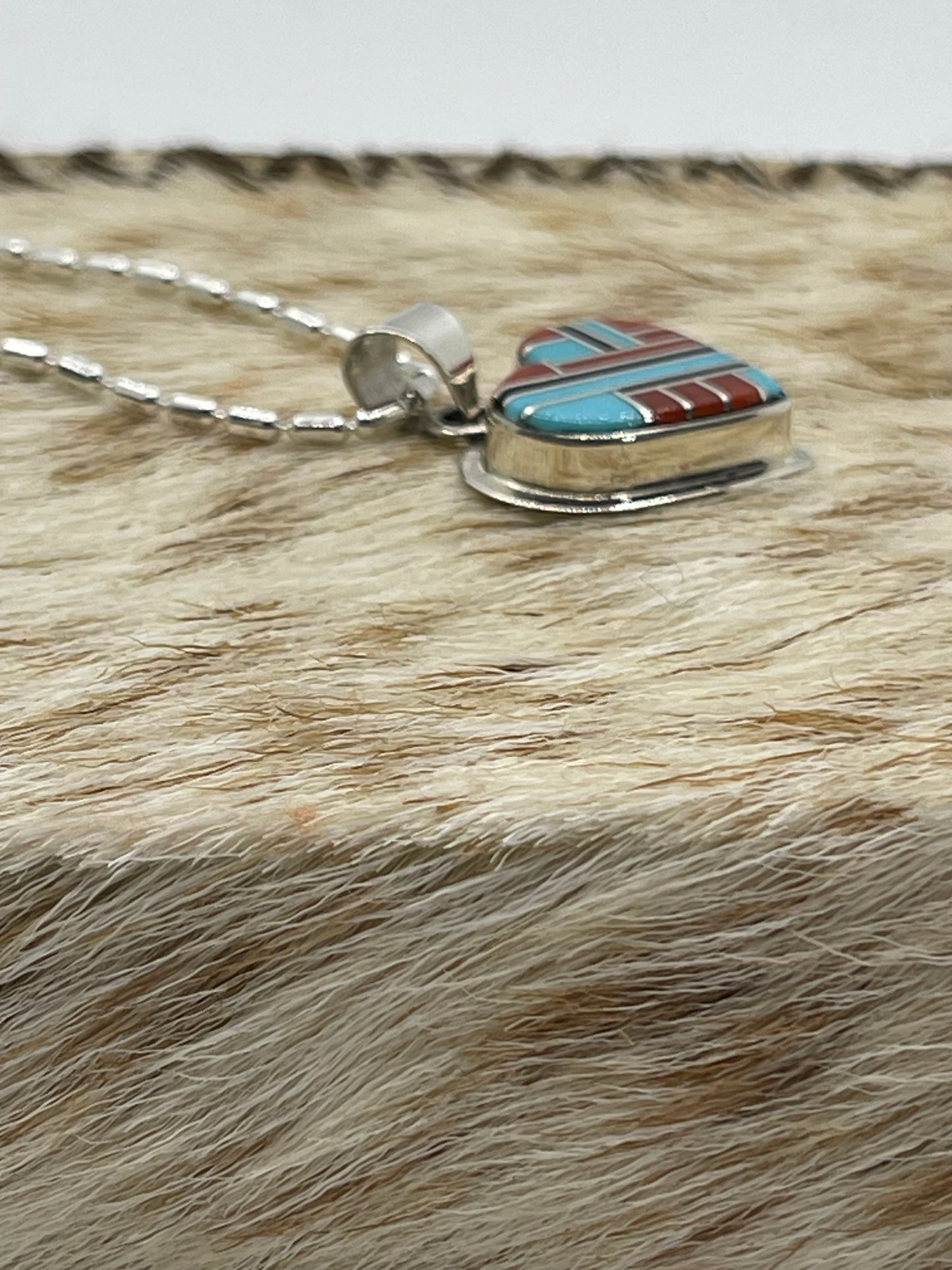 18" Coral, Turquoise & Onyx Heart Necklace by Kay Panteah, Zuni
