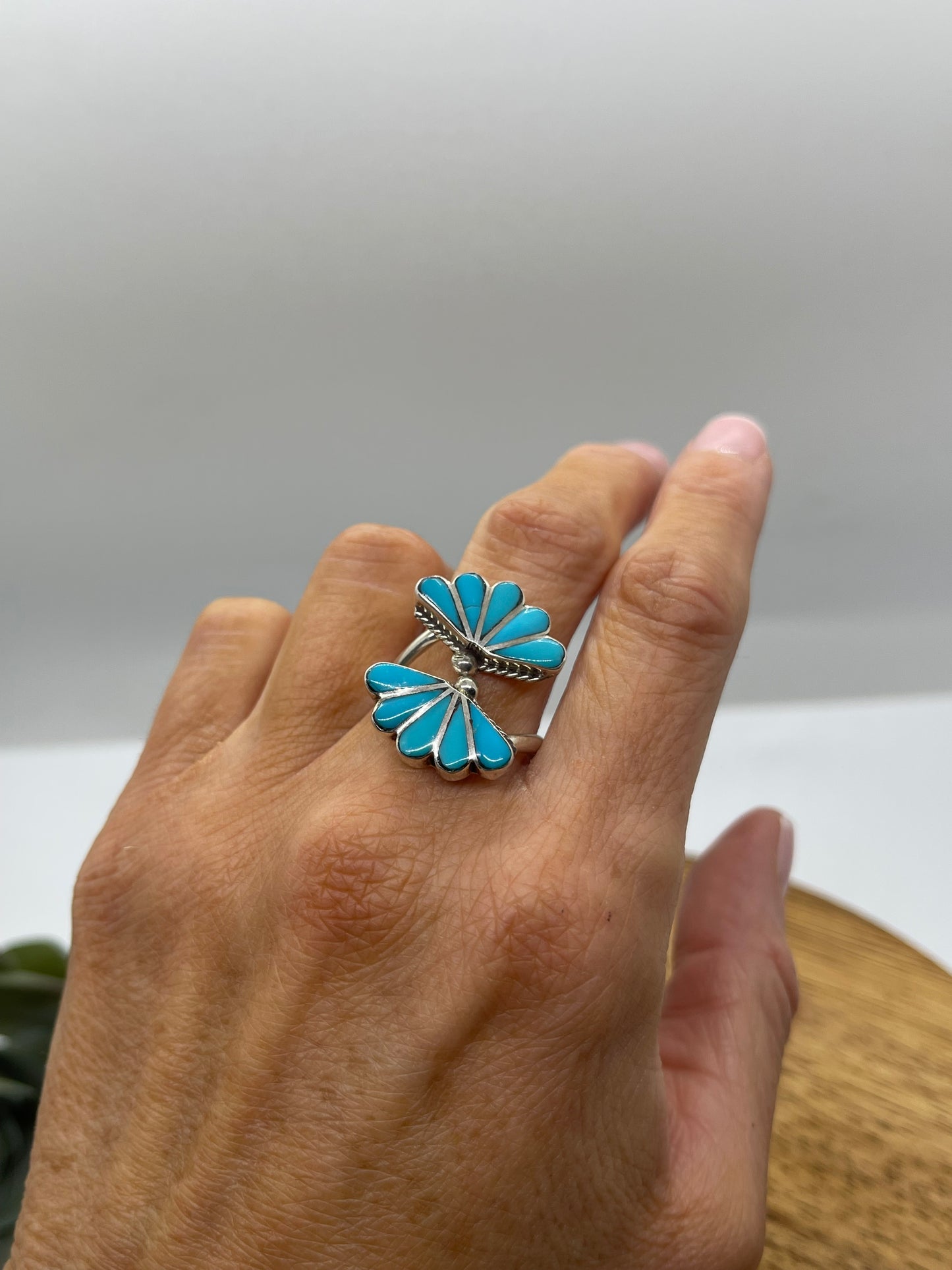 Sleeping Beauty Turquoise Inlay Adjustable Ring by RYN, Zuni