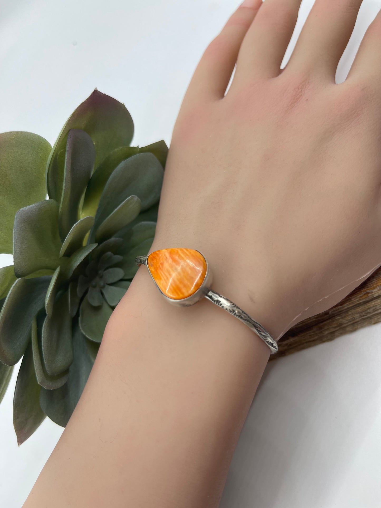 5 1/2"-7" Orange Spiny Oyster Shell Triangle Wire Cuff by Judith Dixon, Navajo