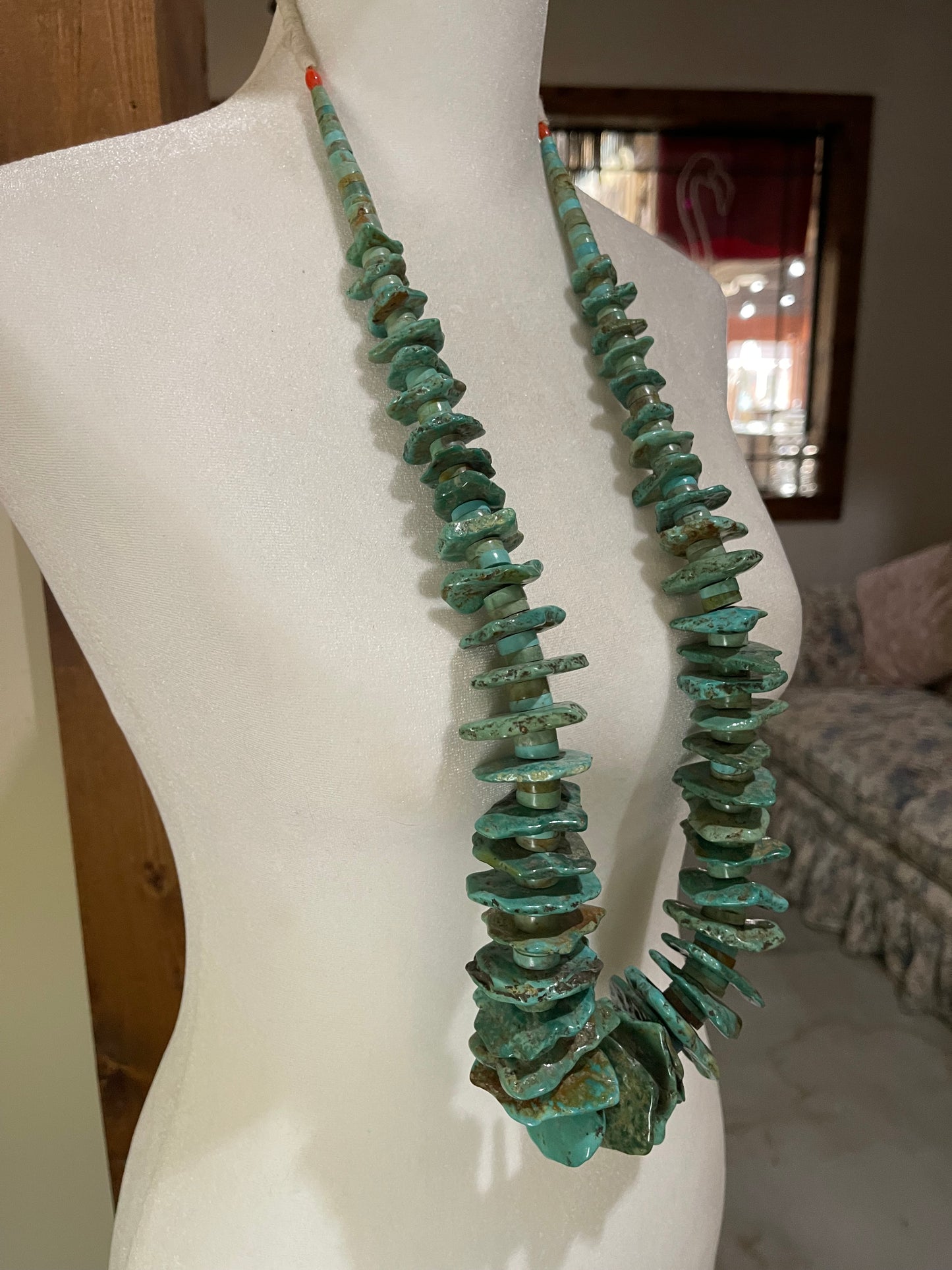 35" Hand Cut Old Turquoise Necklace by Jolene Bird, Santo Domingo