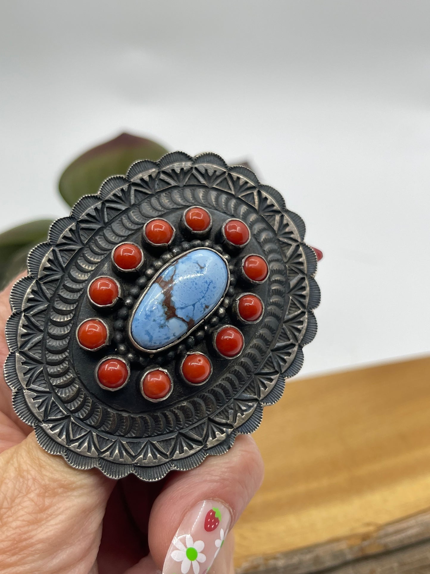 8.0 Golden Hills and Red Coral Tufa Cast Ring by Shawn Cayatineto, Navajo