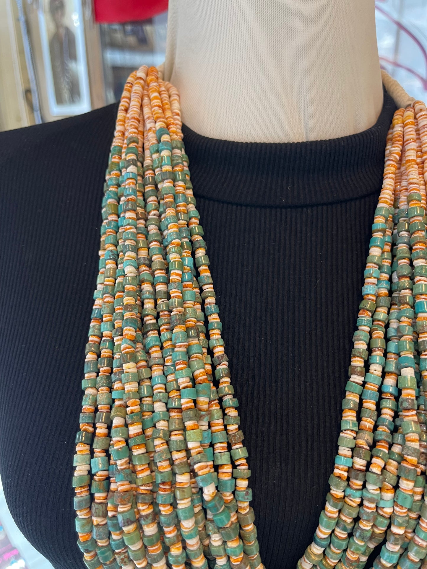 30" 15 Strand Turquoise Heishi & Orange Spiny Oyster Necklace by Jolene Bird, Santa Domingo