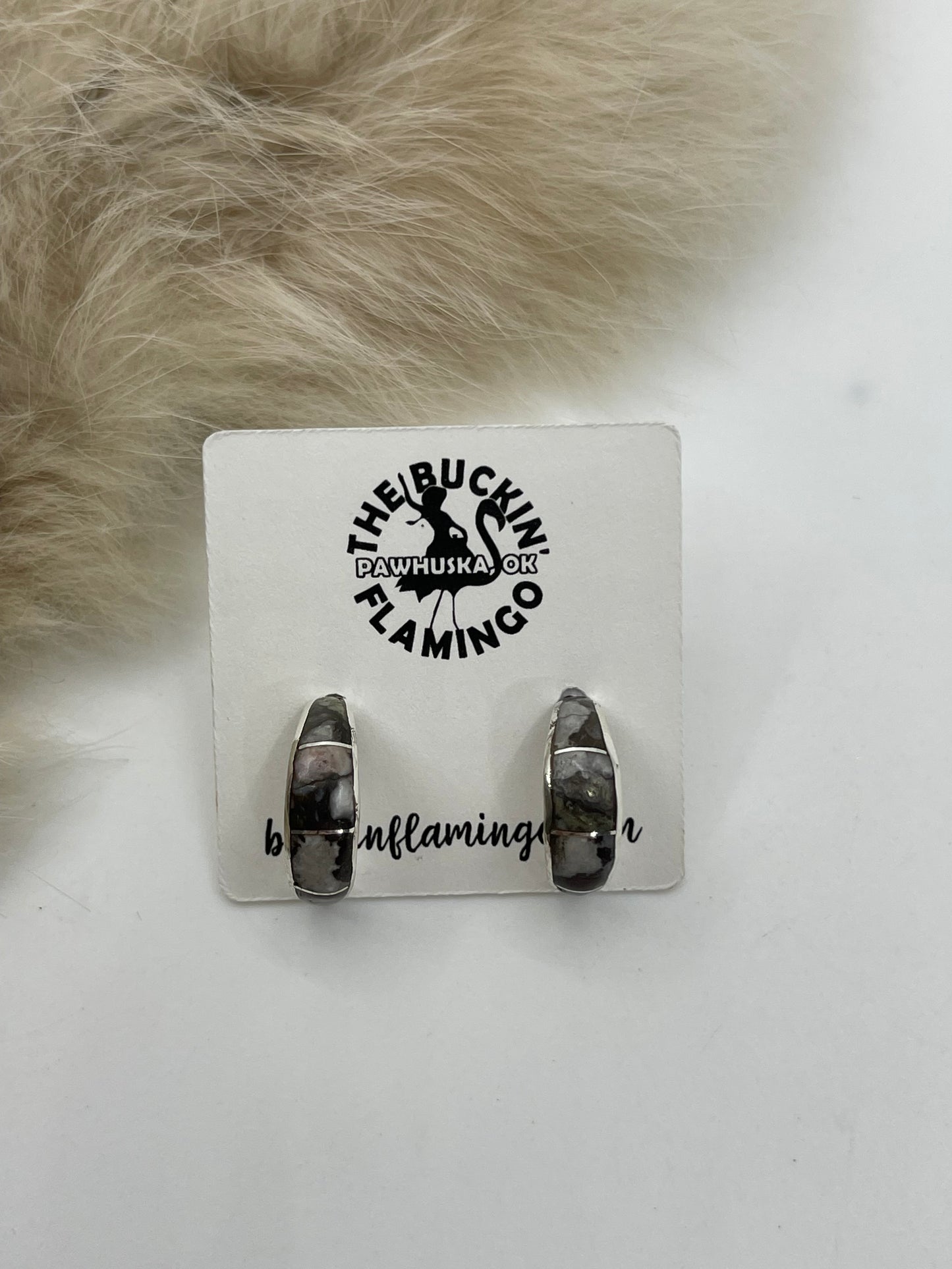 White Buffalo Inlay Small Hoops by Philbert Chavez, Zuni