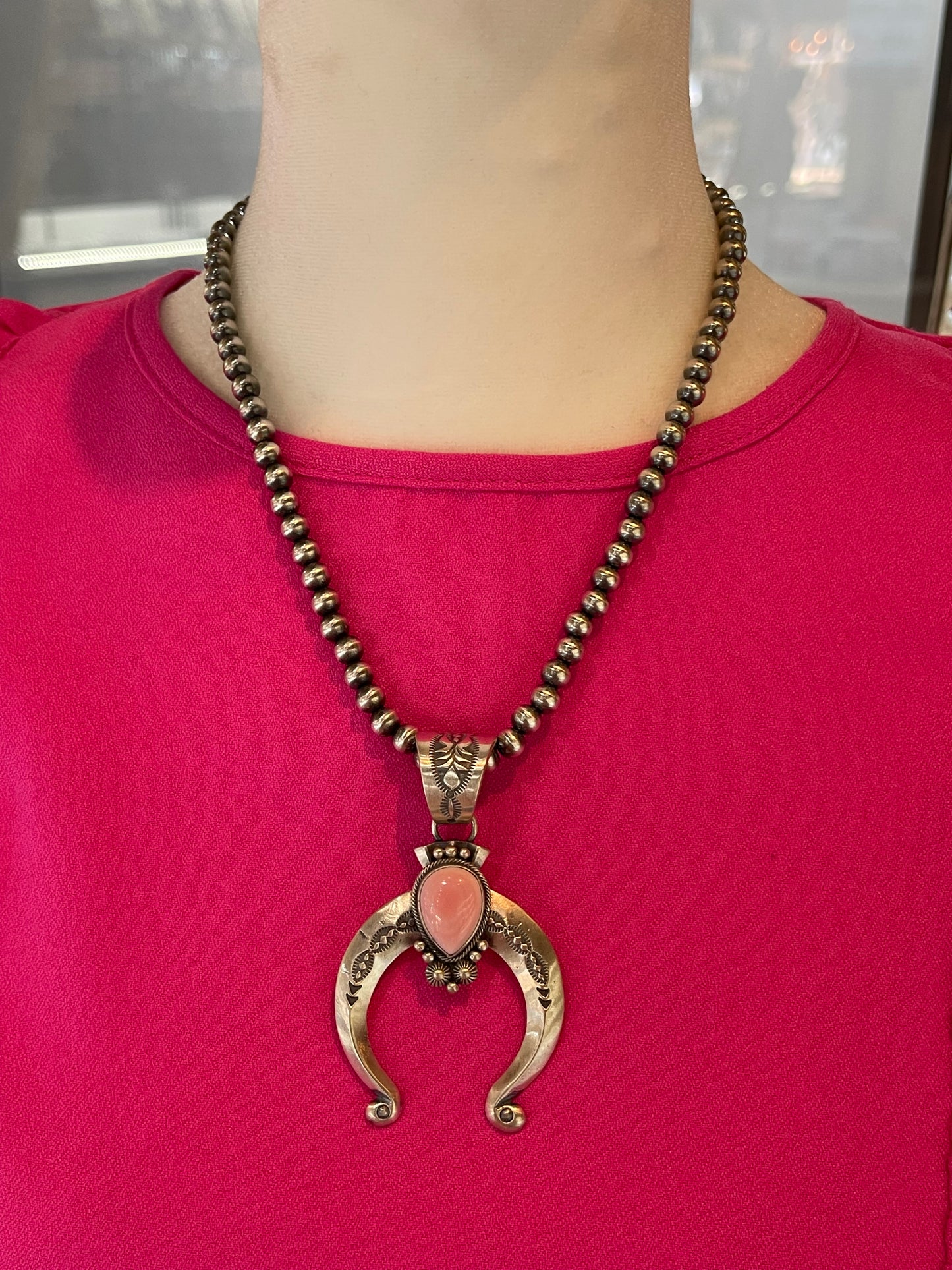 18" 6mm Navajo Style Pearls with Stamped Naja by Adrienne P. Gordon
