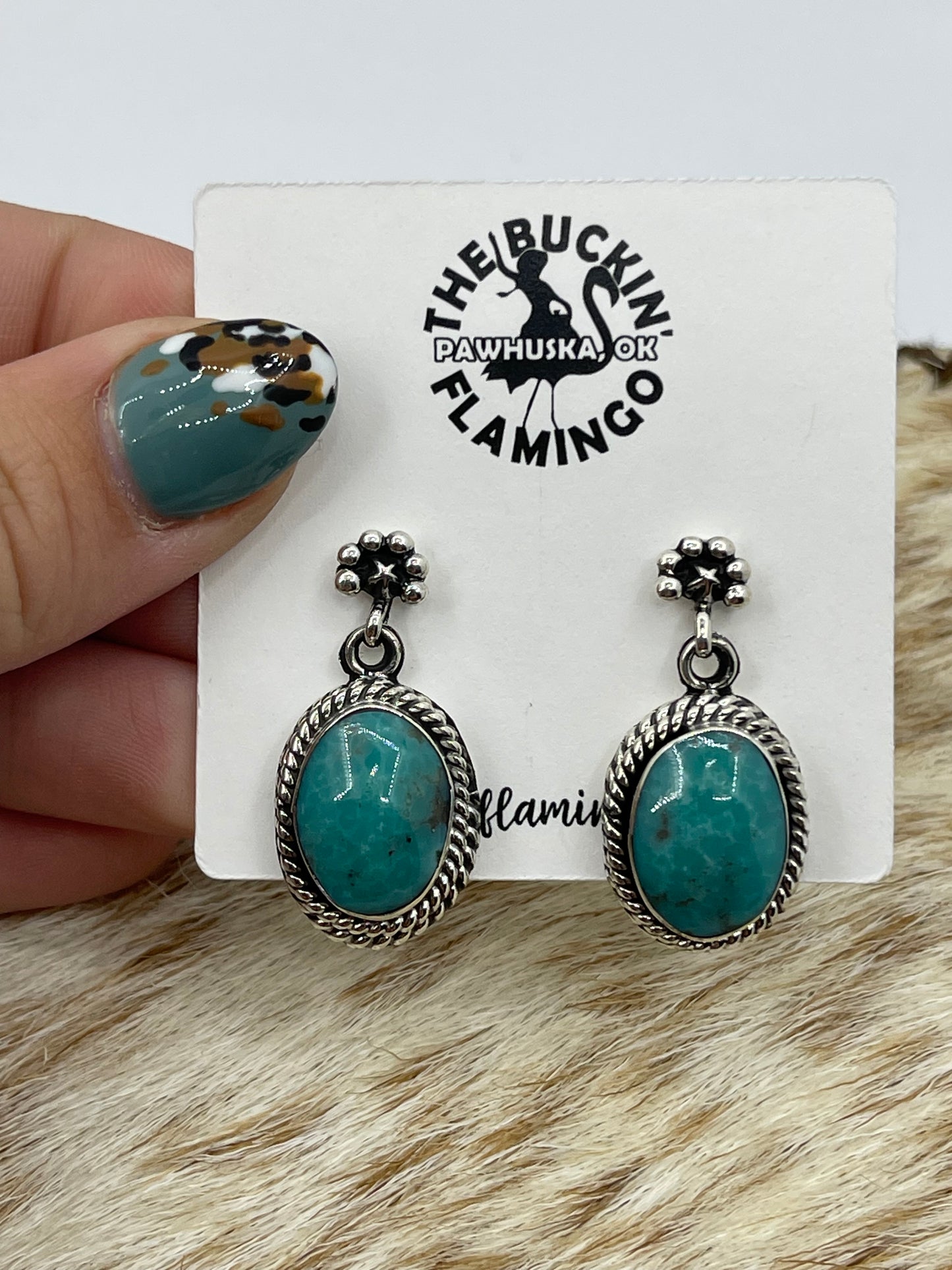 Turquoise Oval Post Dangle Earrings by Sheena Jack, Navajo