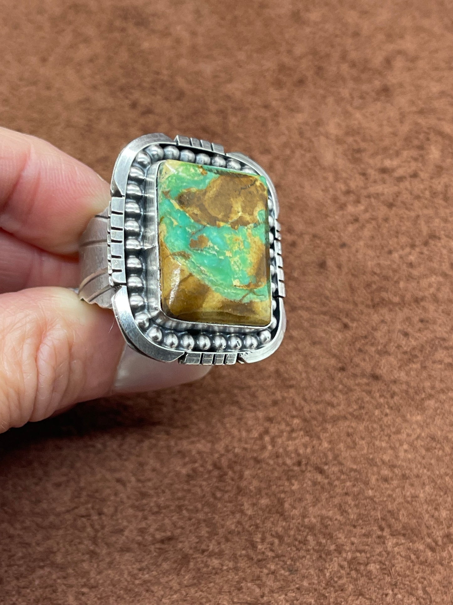 10.0 Mantis Turquoise Rectangle Ring by Gabby Jurado, Mexican