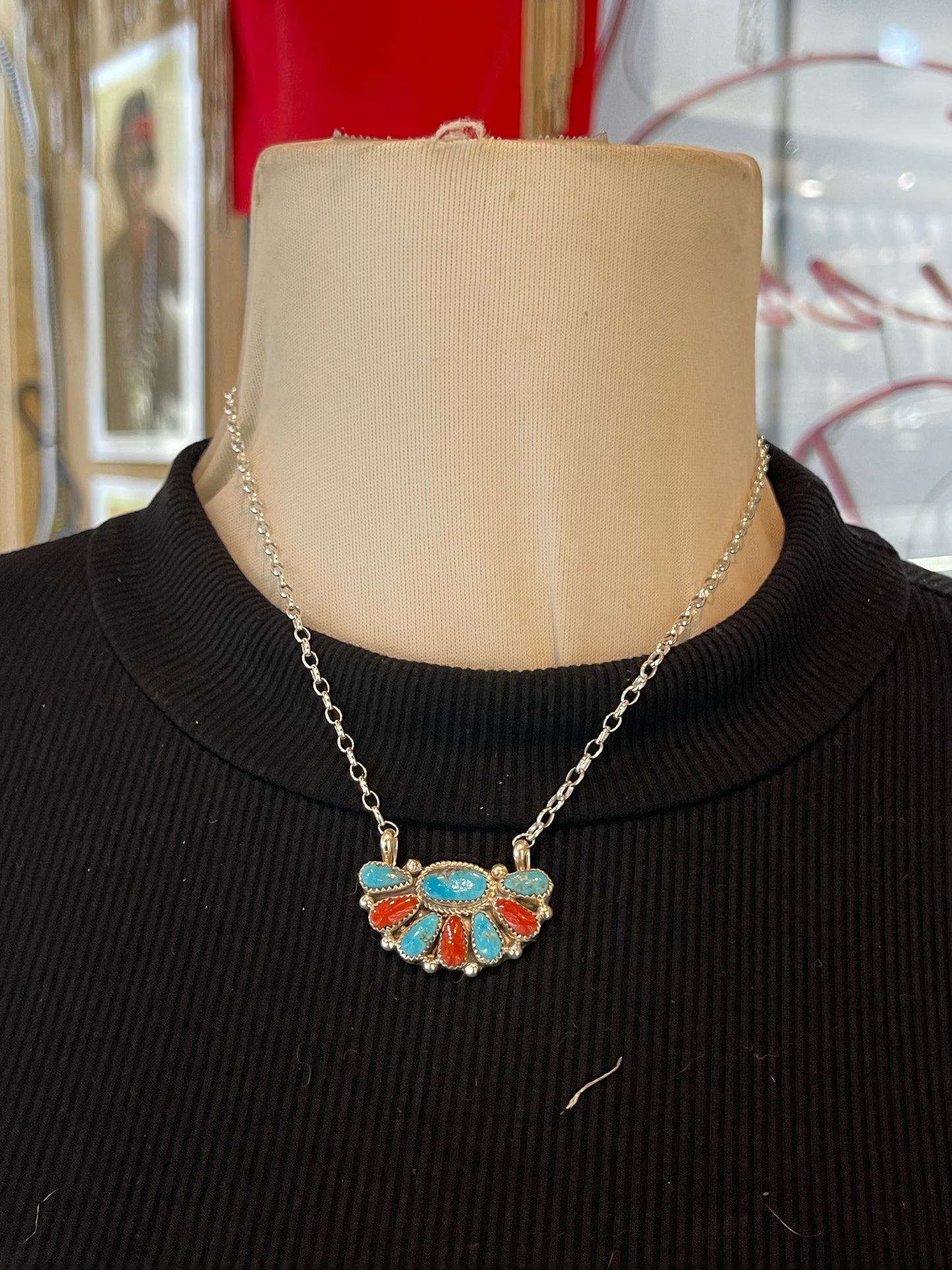 16" Half Cluster Kingman Turquoise & Red Coral Necklace by Alicia Wilson, Zuni