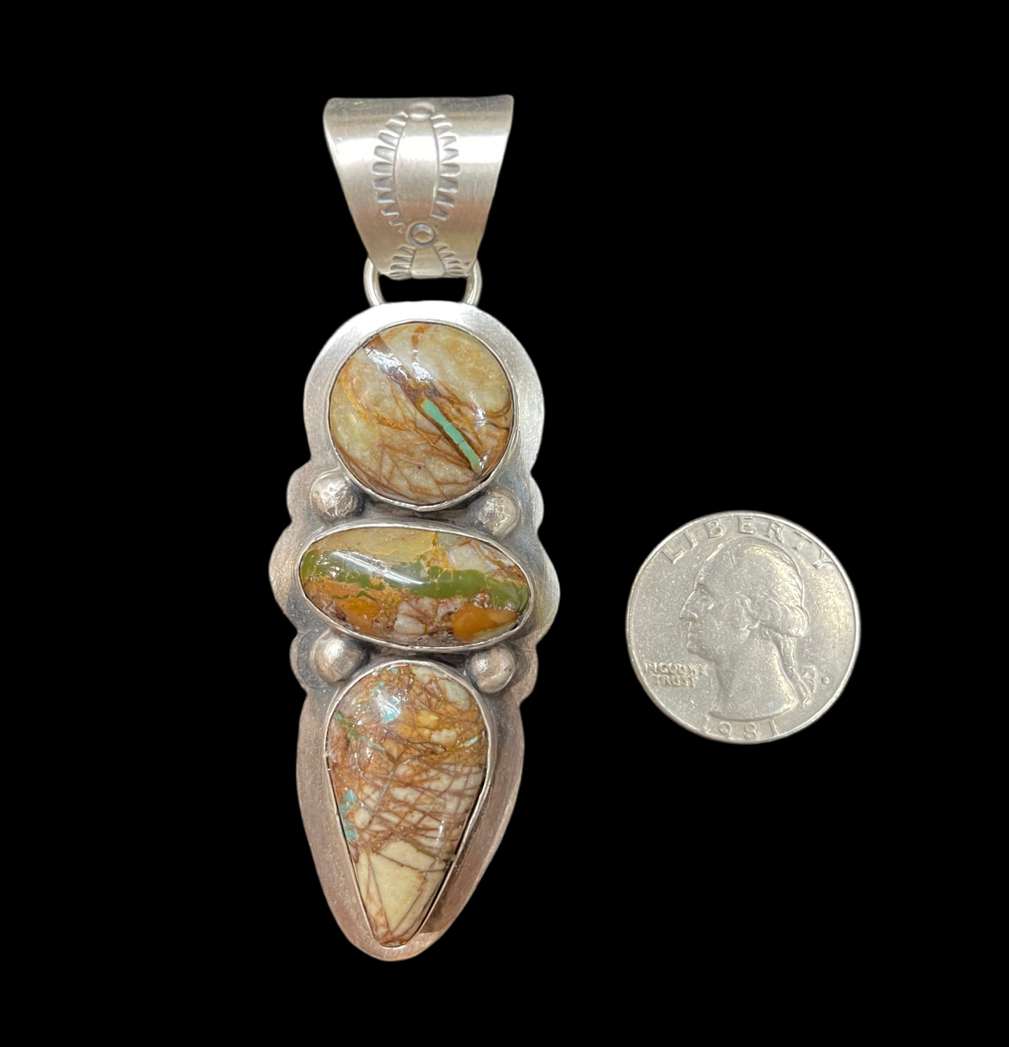 Boulder Ribbon Turquoise 3-Stone Pendant by Delbert Secatero, Navajo