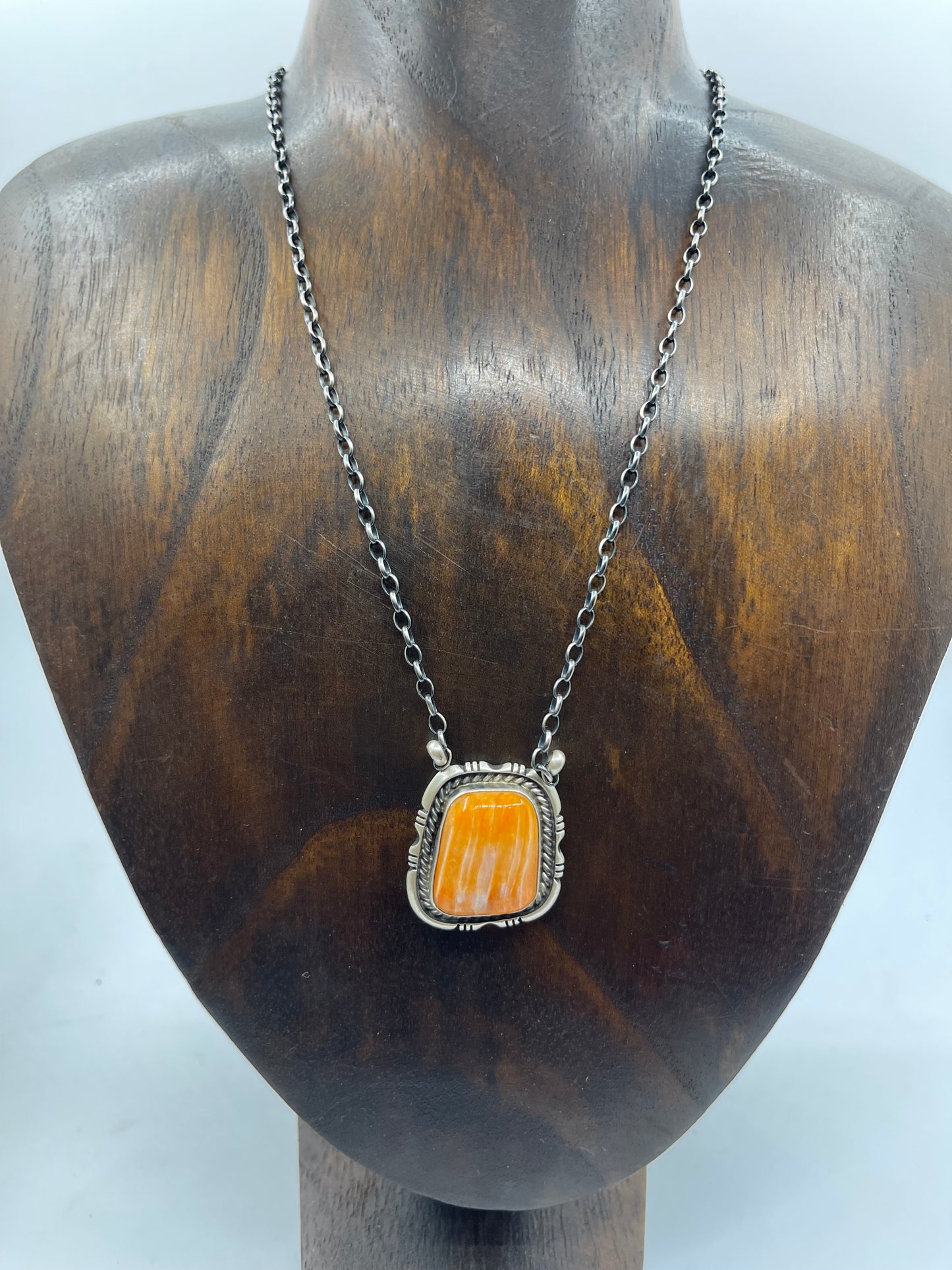 16" Orange Spiny Oyster Shell Square Necklace by Alfred Martinez, Navajo