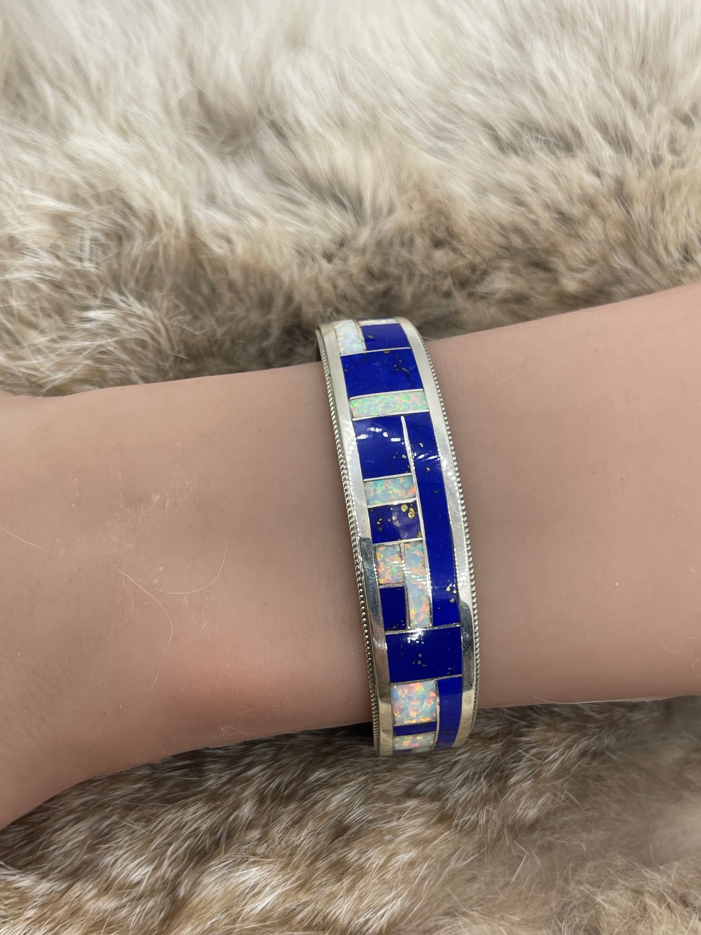 6.75" Blue Lapis & White Opal Inlay by Glendora Booga