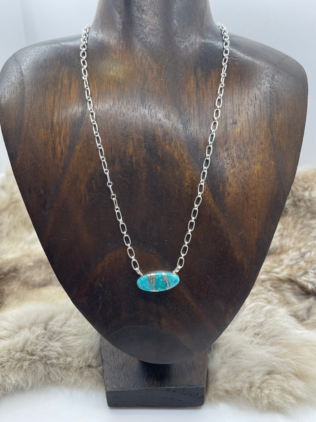 18" Turquoise & Silver Inlay Necklace by Charleston Willie, Navajo