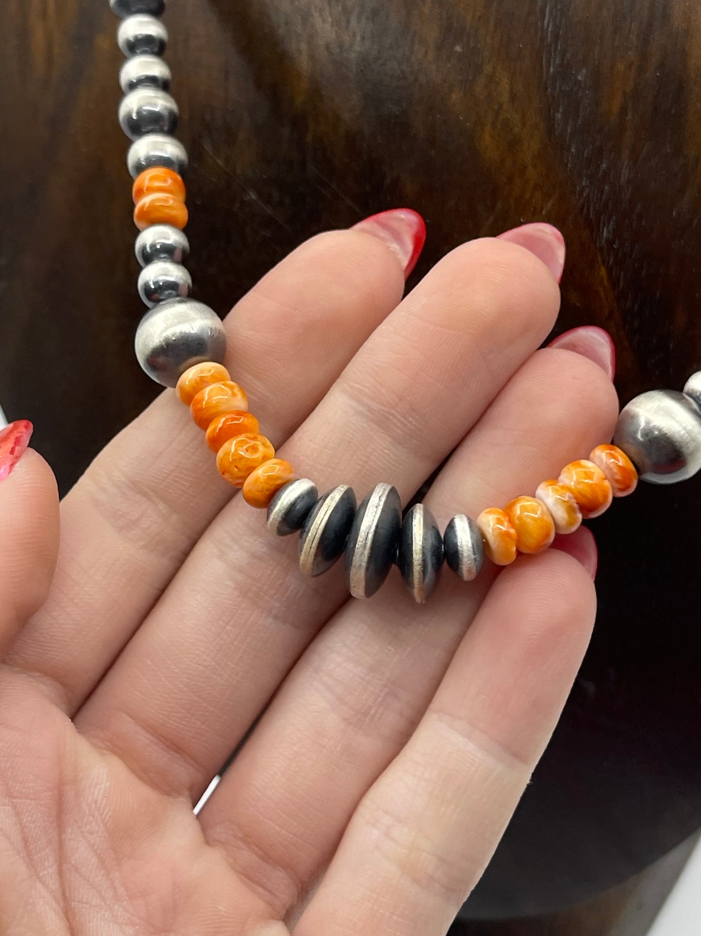 18" Orange Spiny Oyster Shell and Navajo Pearls Necklace