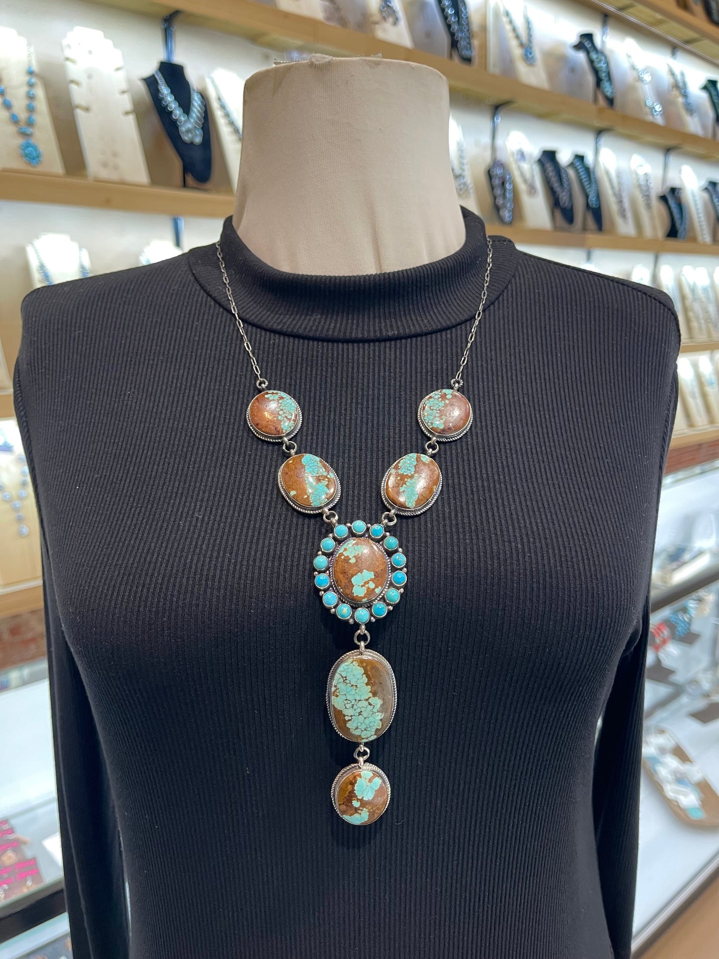 #8 Turquoise Lariat Necklace 22”+5” Drop with Sleeping Beauty Turquoise Cluster by Dean Brown, Navajo
