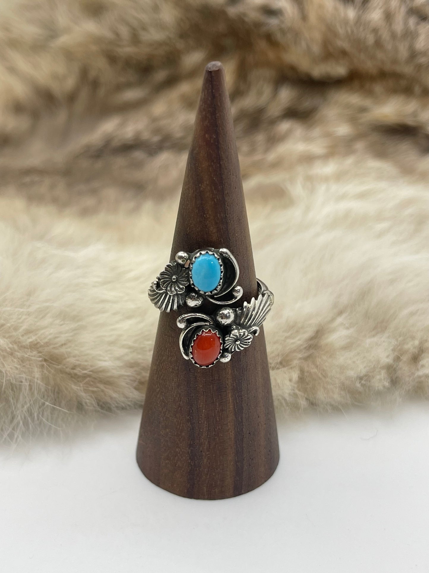 8.0 Semi-Adjustable Red Coral & Turquoise Ring by Ella Belin, Navajo