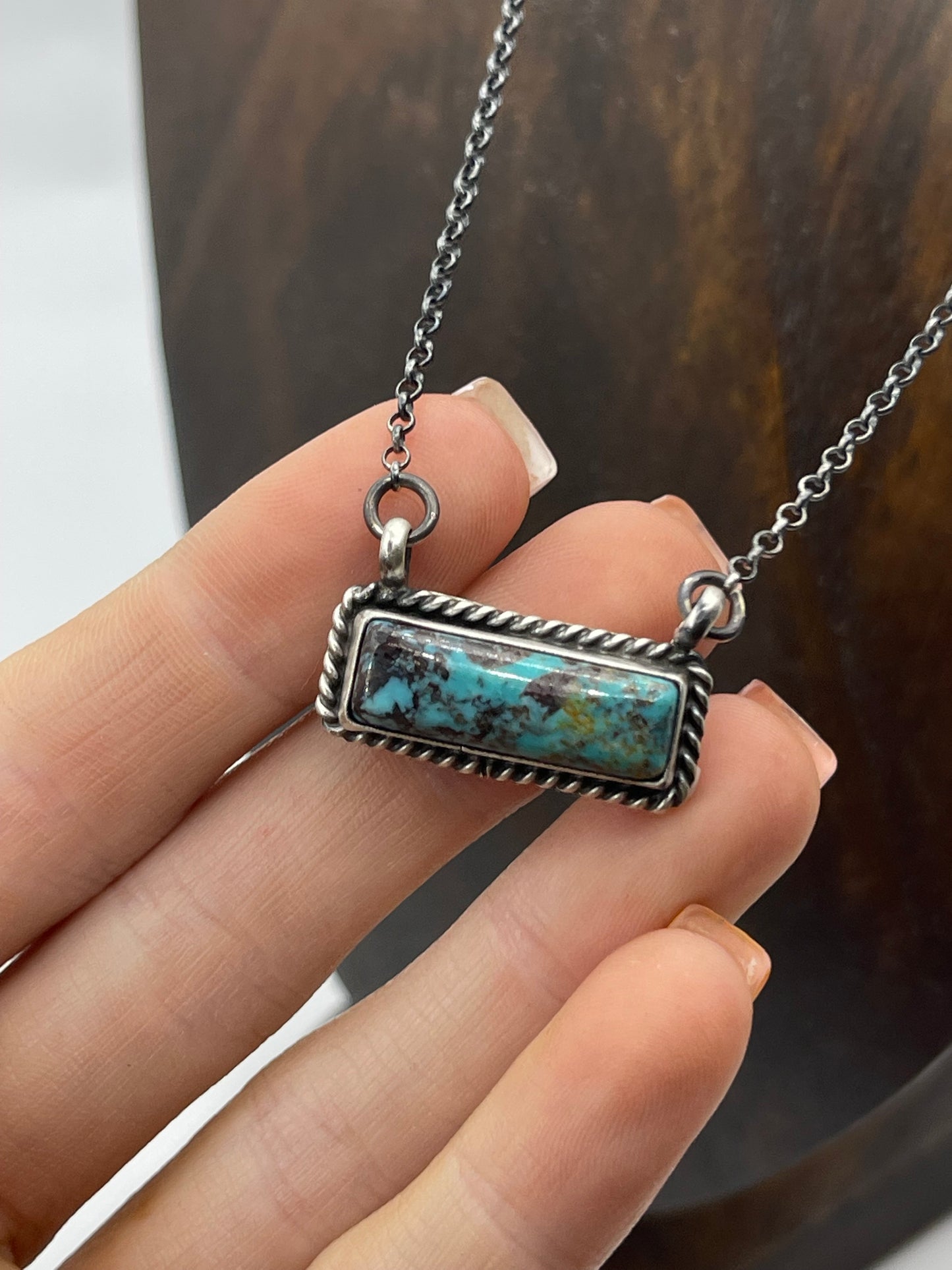 16" Small Kingman Turquoise Bar Necklace by Johnny Dixon, Navajo
