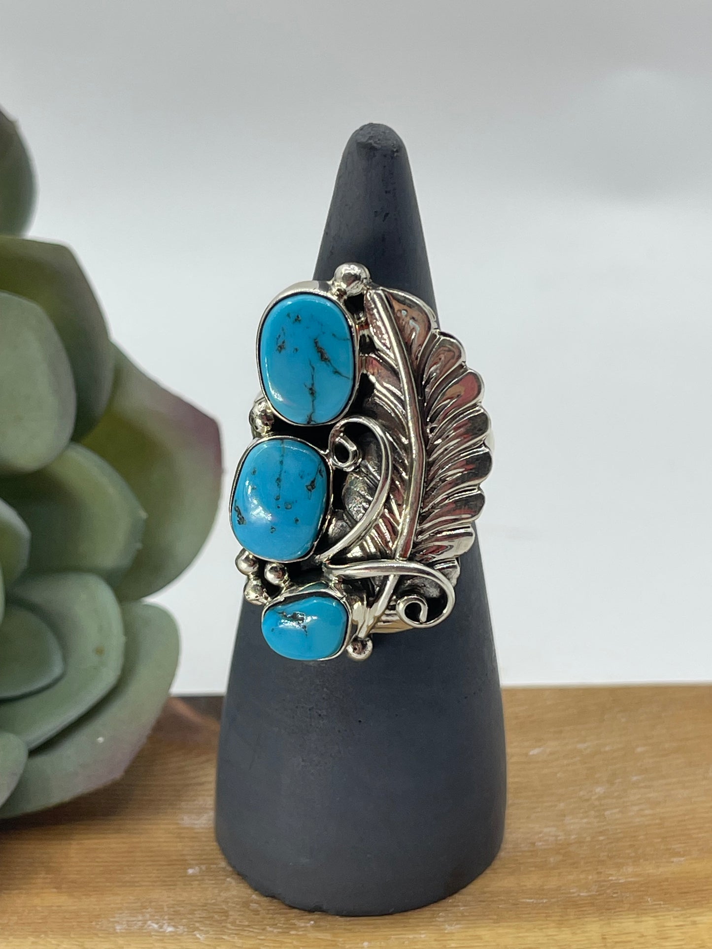 11.0 3 Stone Turquoise Feather Ring by Bernita Begay, Navajo