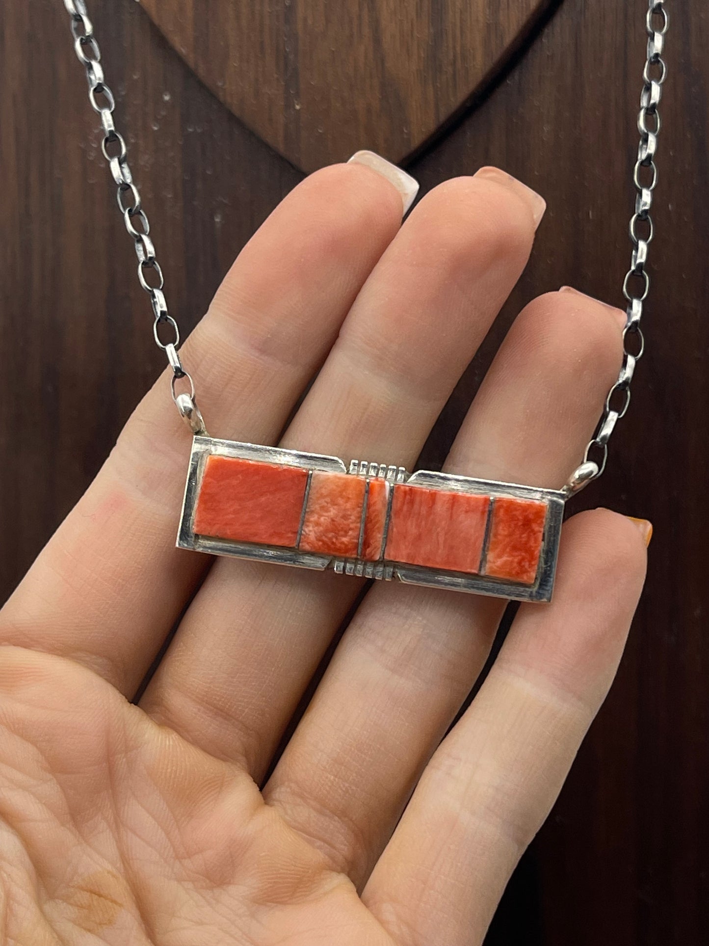 18" Red Spiny Oyster Shell Inlay Bar Necklace by Steve Francisco, Navajo