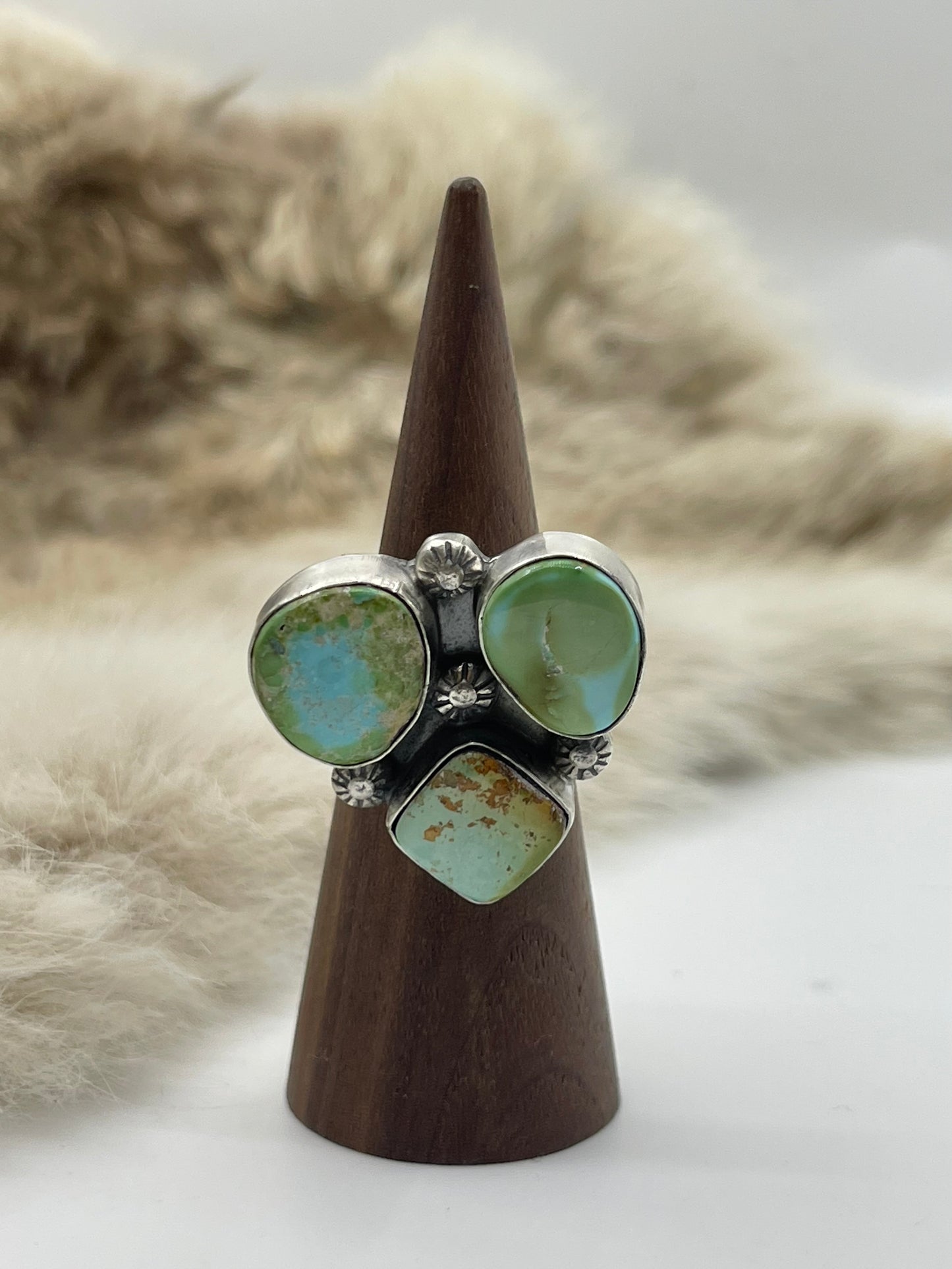 3 Stone Sonoran Gold Turquoise Adjustable (7.0-10.0) Ring by Happy Piasso, Navajo