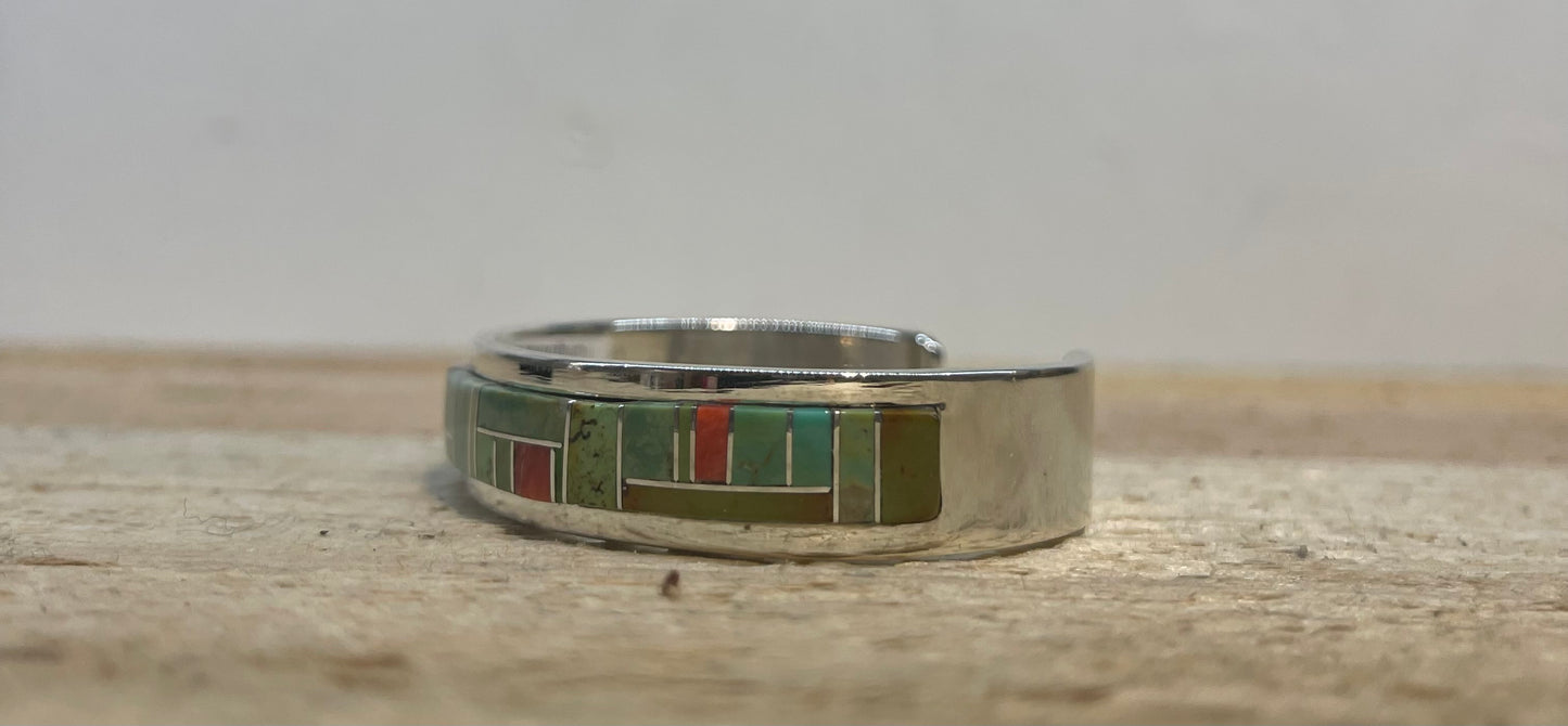 6 1/4" Green Turquoise and Red Spiny Oyster Shell Inlay Cuff by Marie Jackson, Navajo