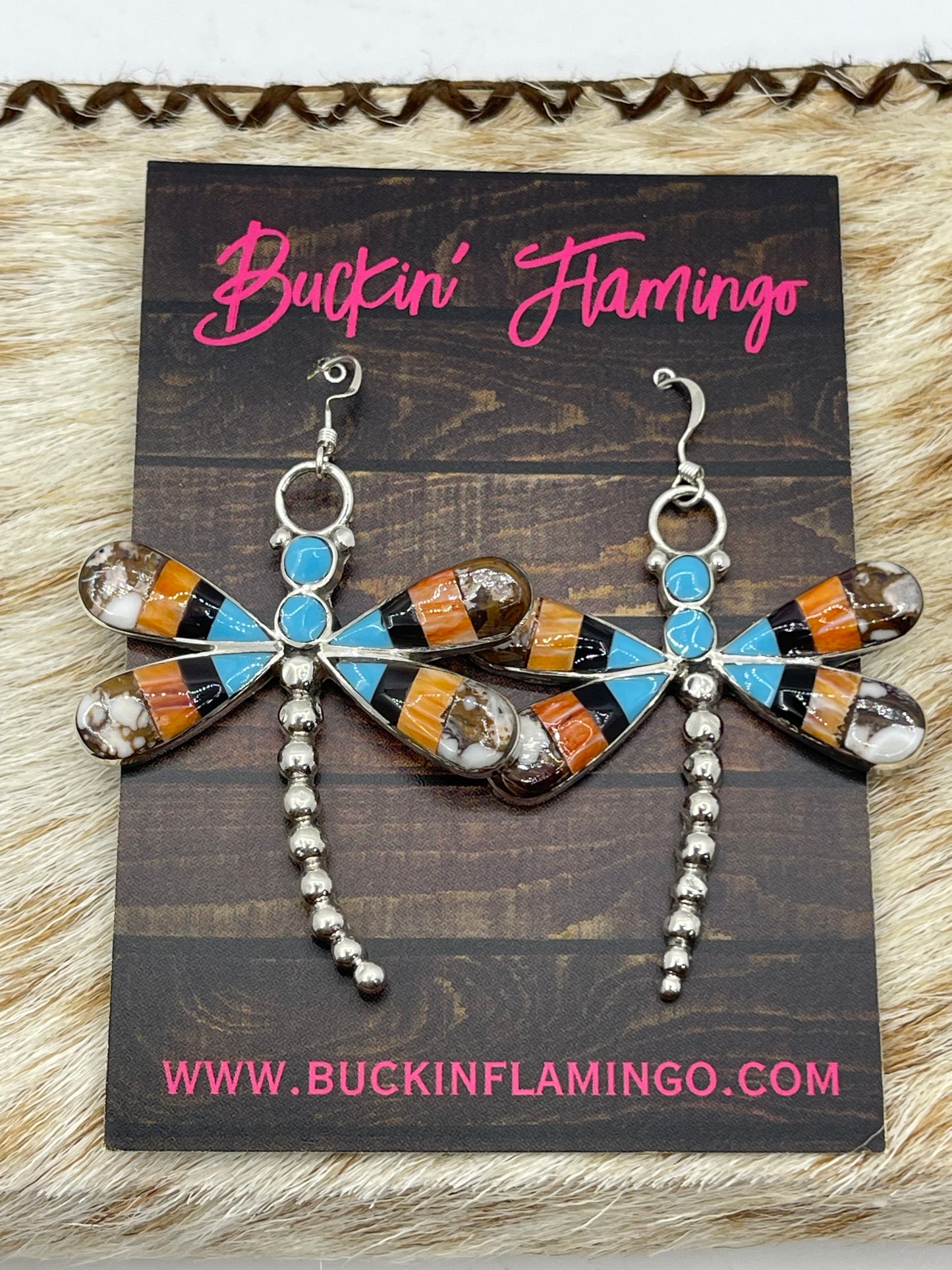 Wild Horse, Turquoise, Black Onyx, Spiny, and Mother of Pearl Dragonfly Dangle Earrings by Angus Ahiyite, Zuni