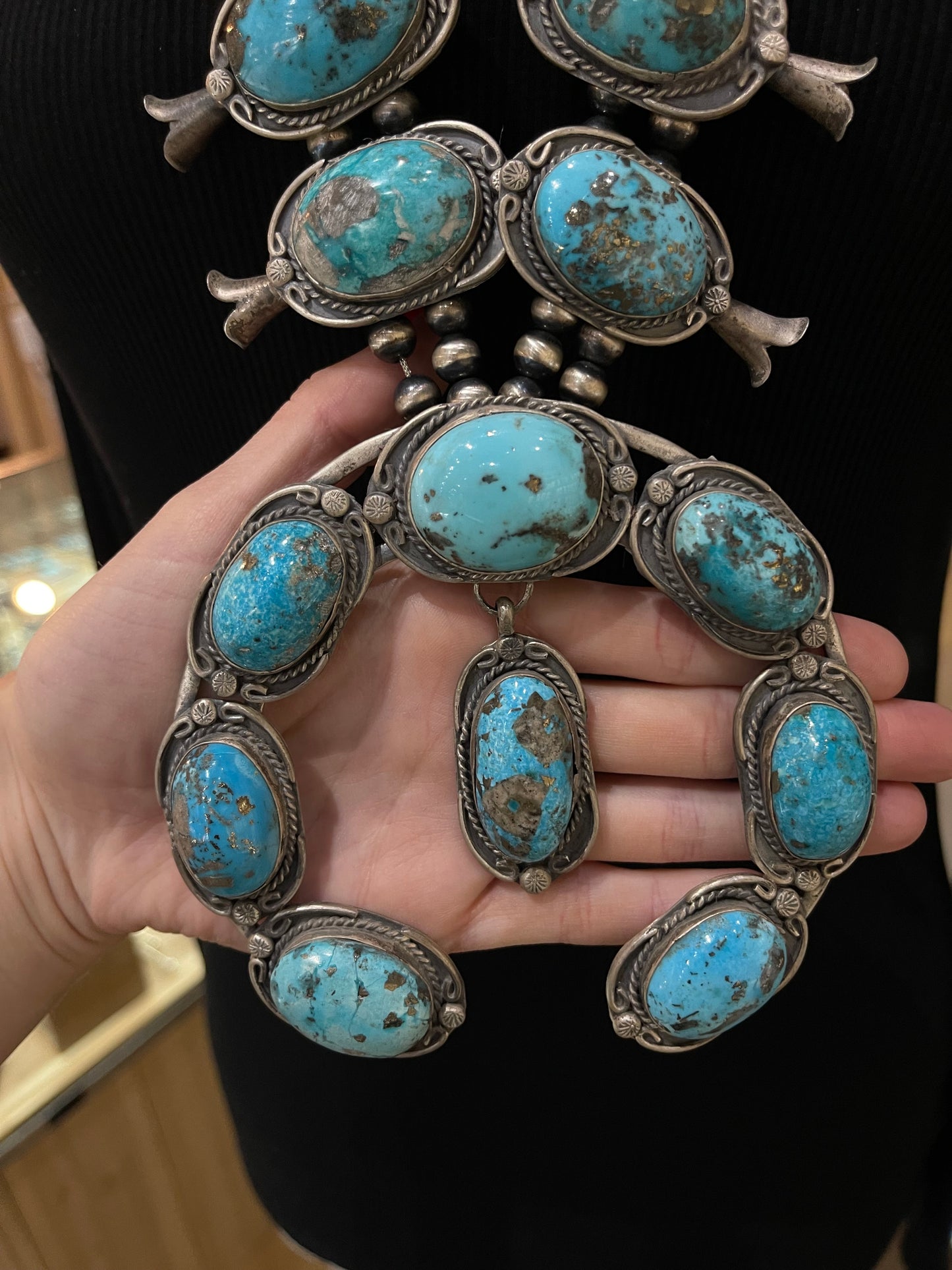 28" Persian Turquoise Squash Blossom by Gilbert Nez, Navajo