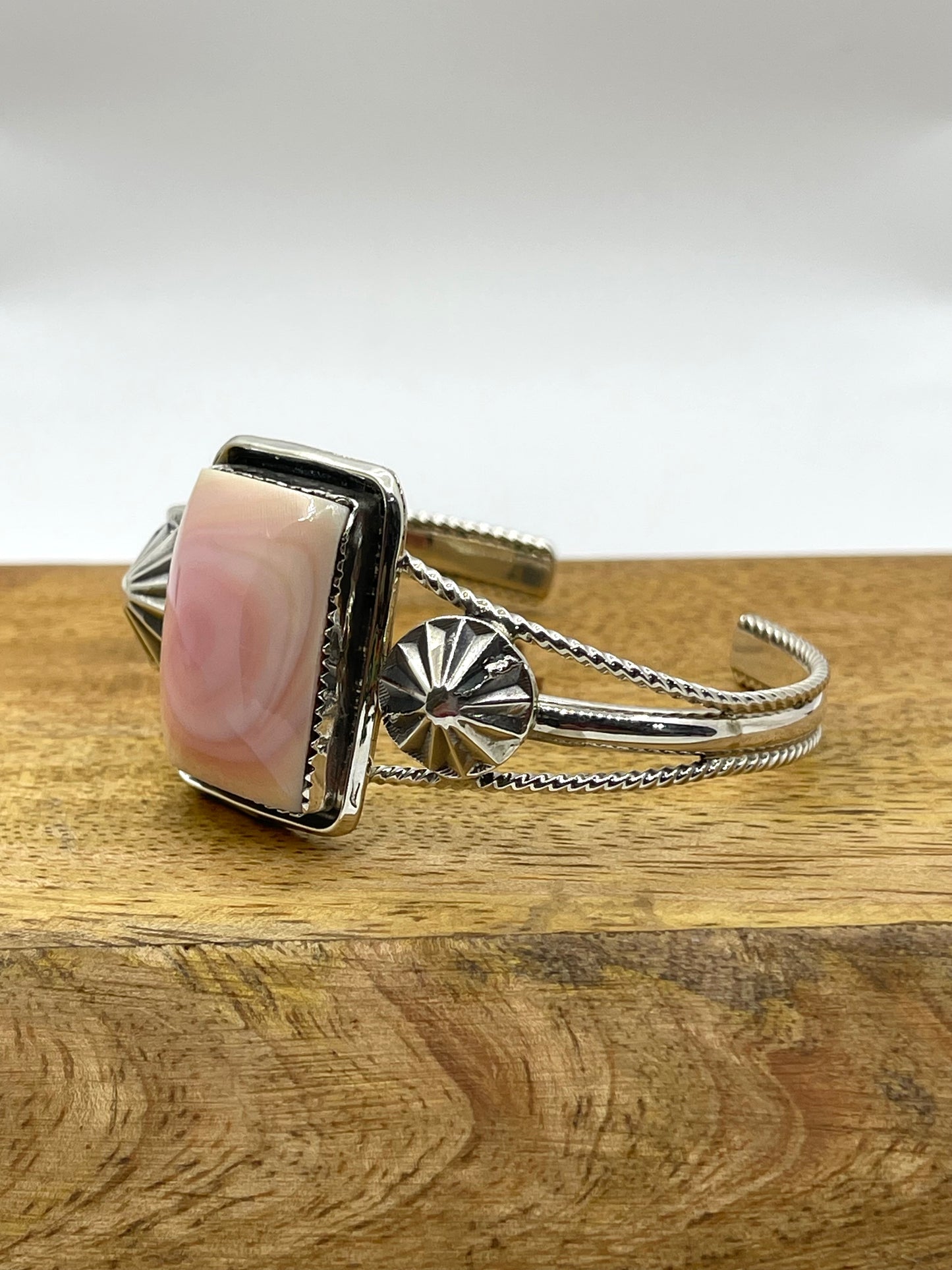 6”-7.25” Pink Conch Shell Rectangle Stone Cuff by Mike Smith, Navajo
