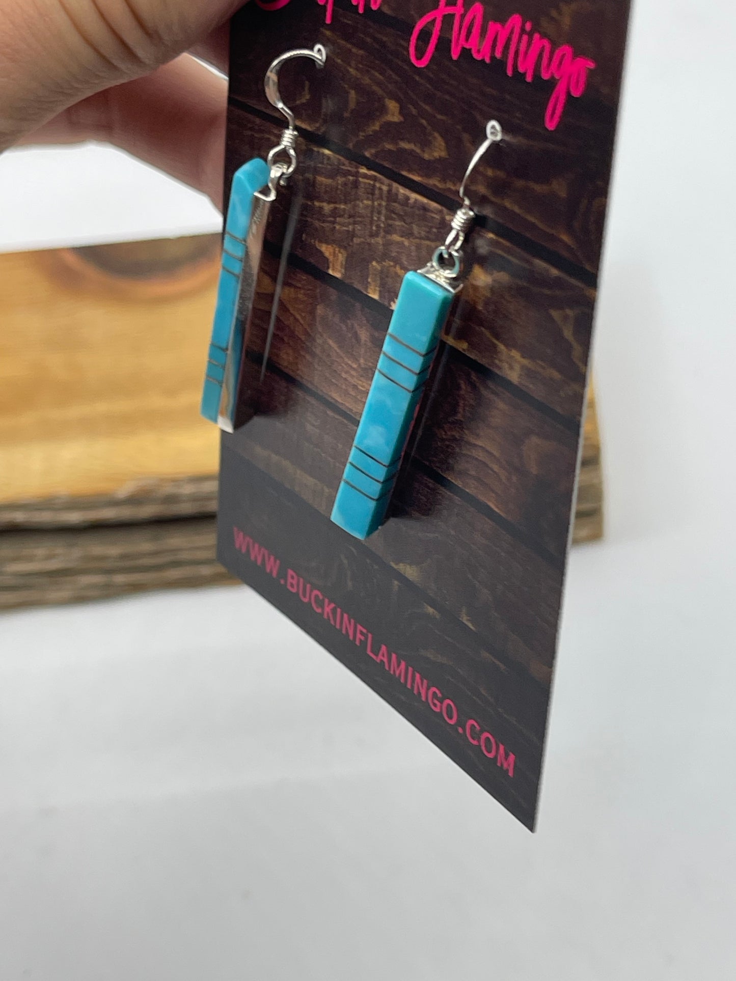 Turquoise Inlay Bar Dangle Earrings by MaDerral Kallestewa, Zuni