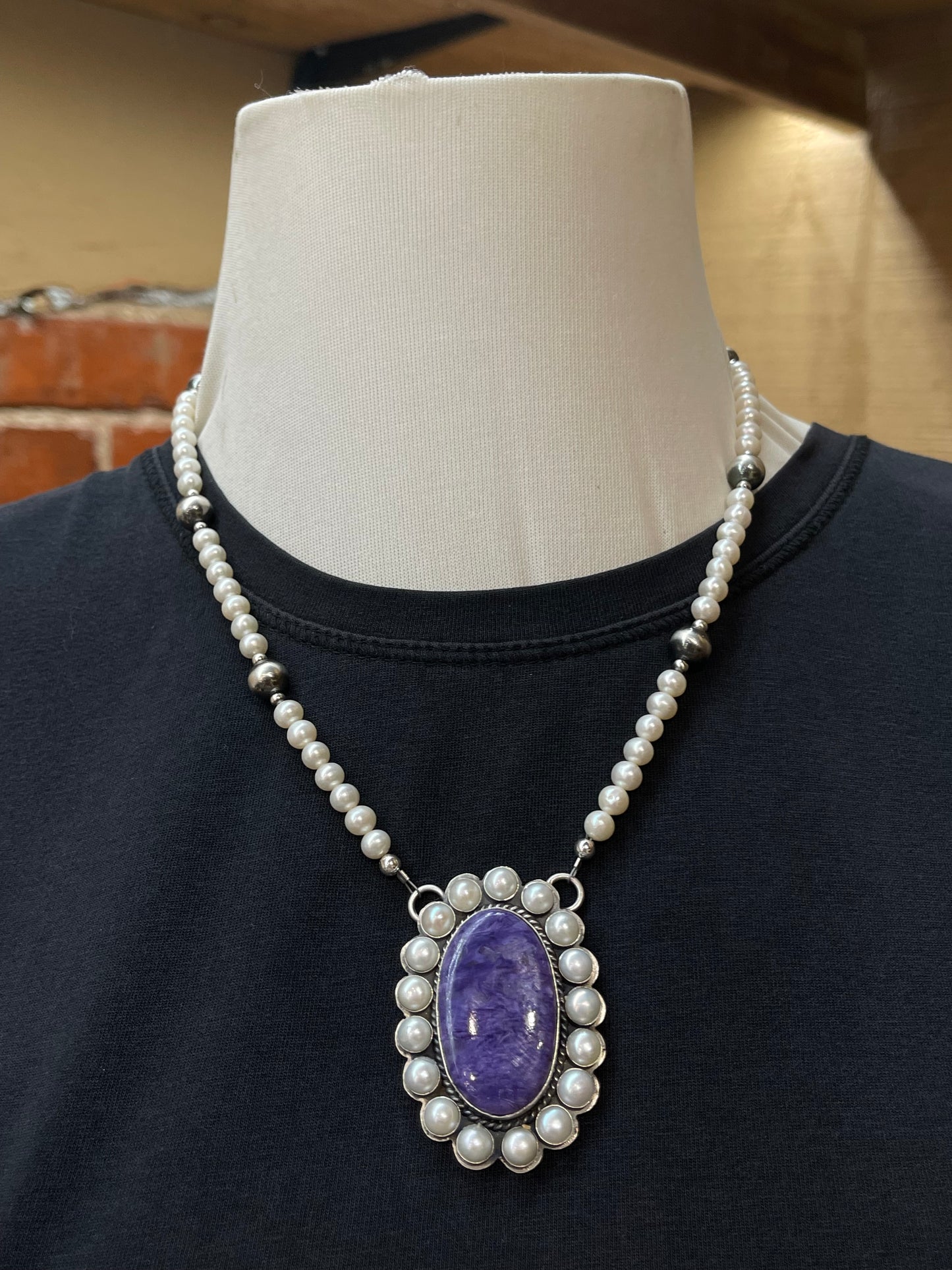 18" Charoite Cluster Necklace with Freshwater and Silver Pearls