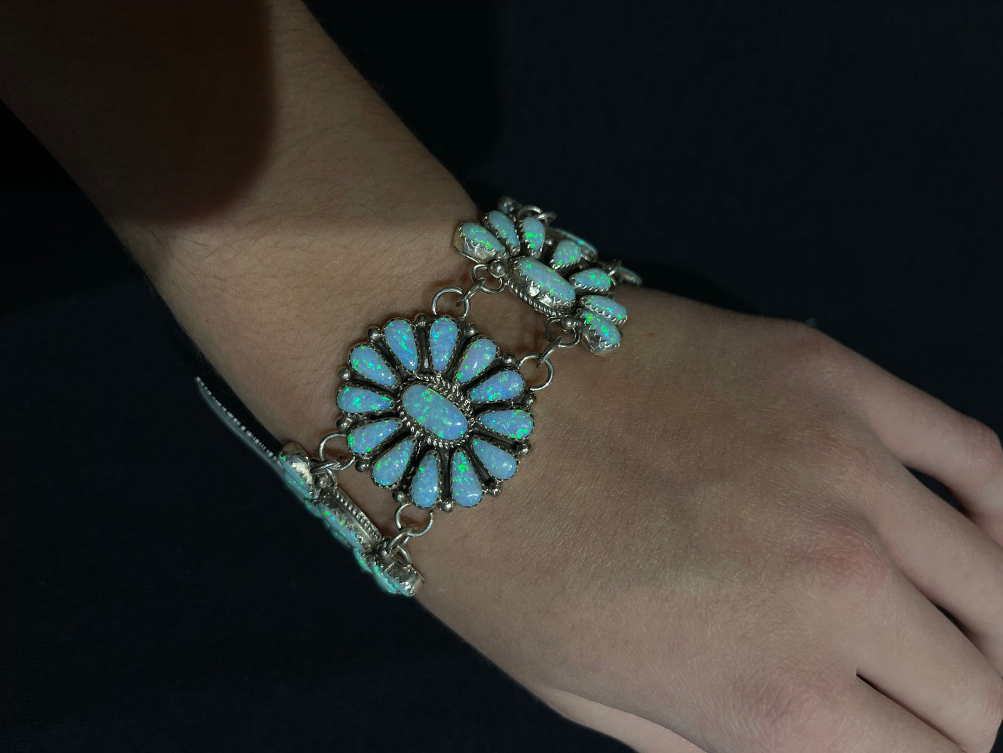 6 1/2"-7 1/4" White Opal Cluster Bracelet by Alicia Wilson, Navajo