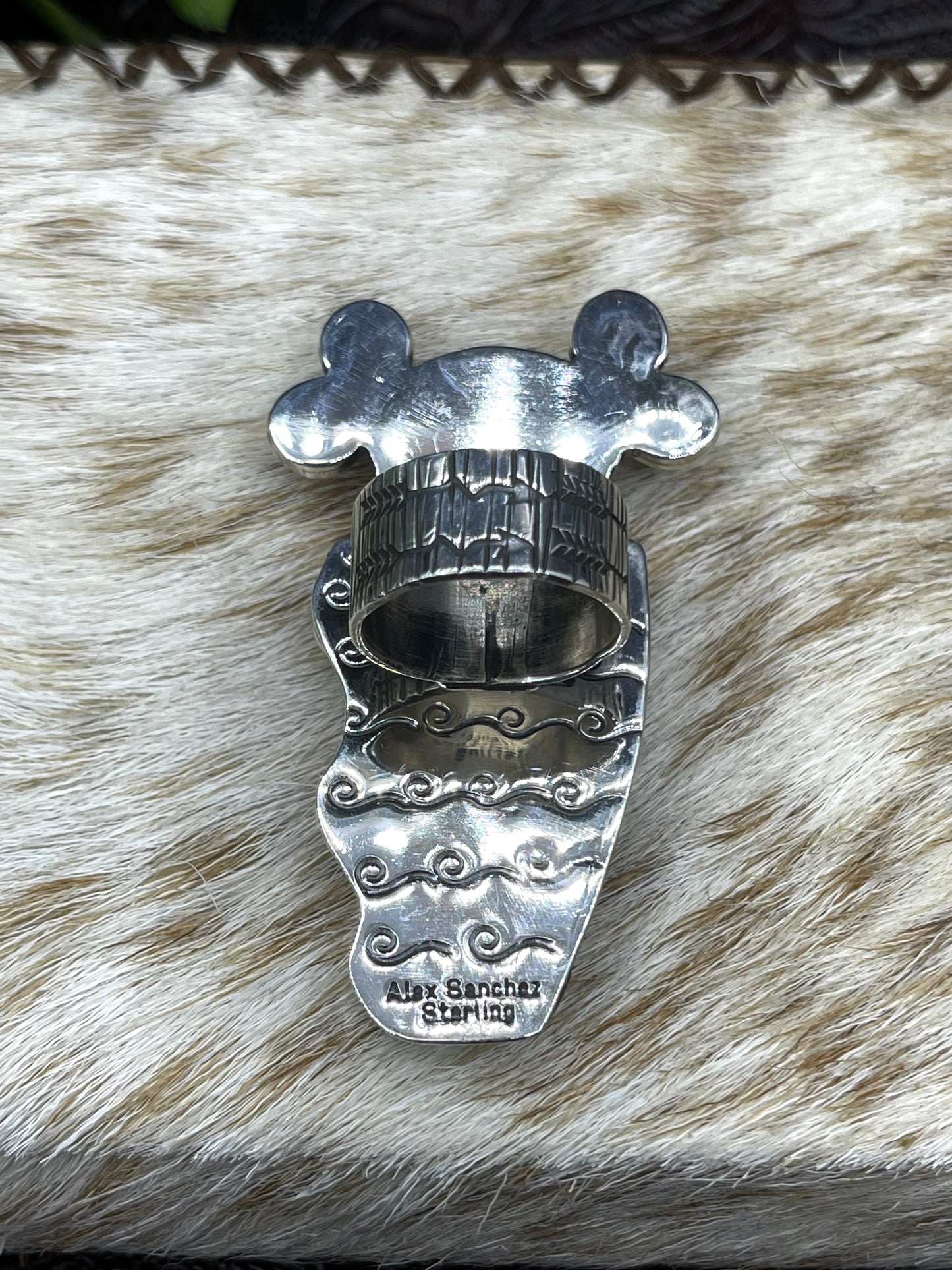 8.0 Maiden Face Ring with Sonoran Gold Stone by Alex Sanchez, Navajo