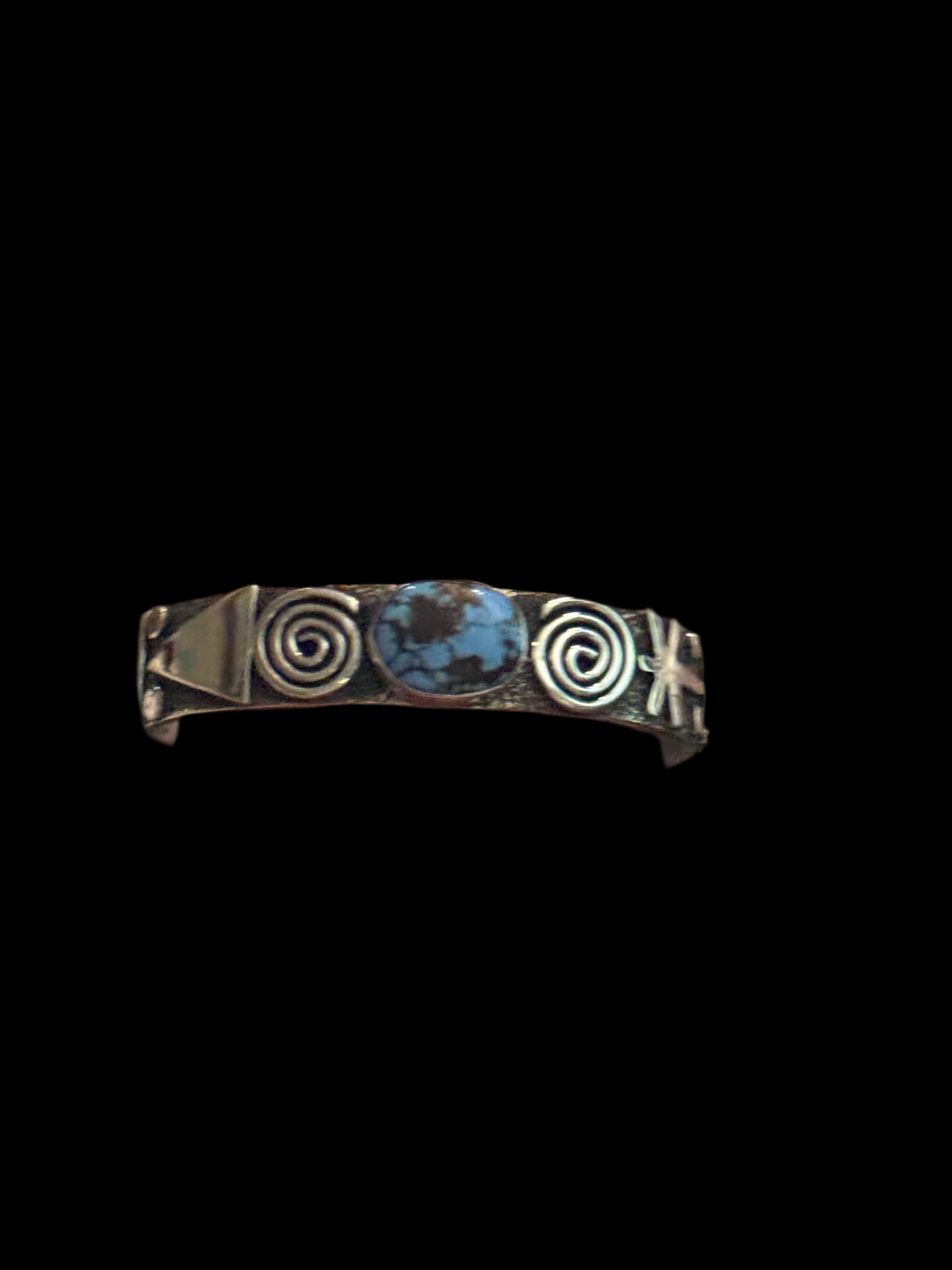 Petroglyph Cuff with Blue Kingman Web Turquoise by Alex Sanchez, Navajo (narrow)