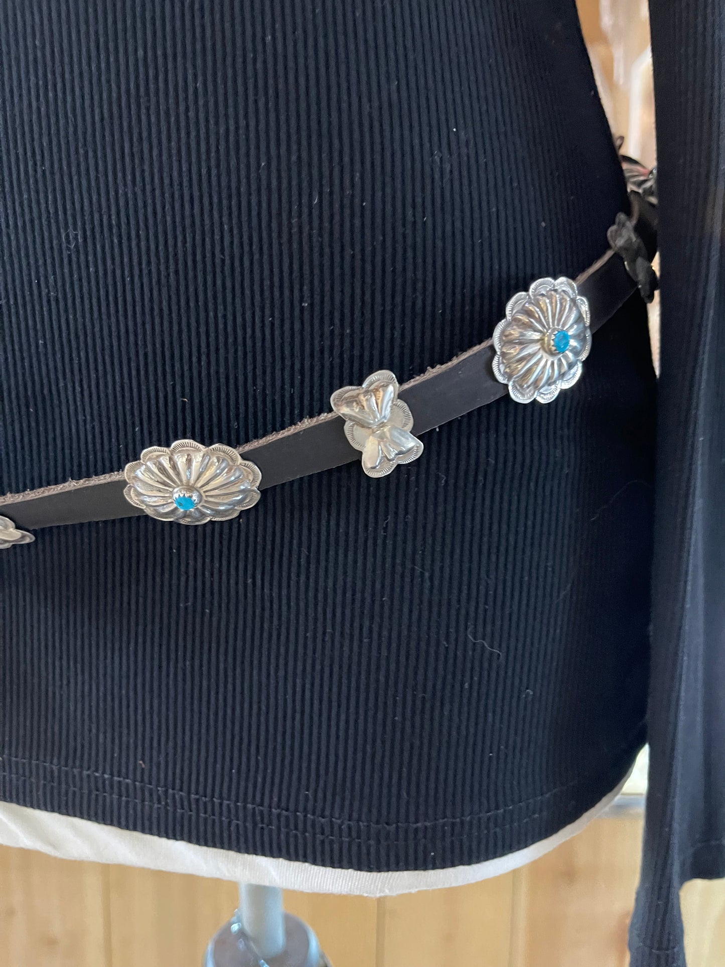 50" Dainty Concho Leather Belt with Turquoise Stones by Joan Begay, Navajo