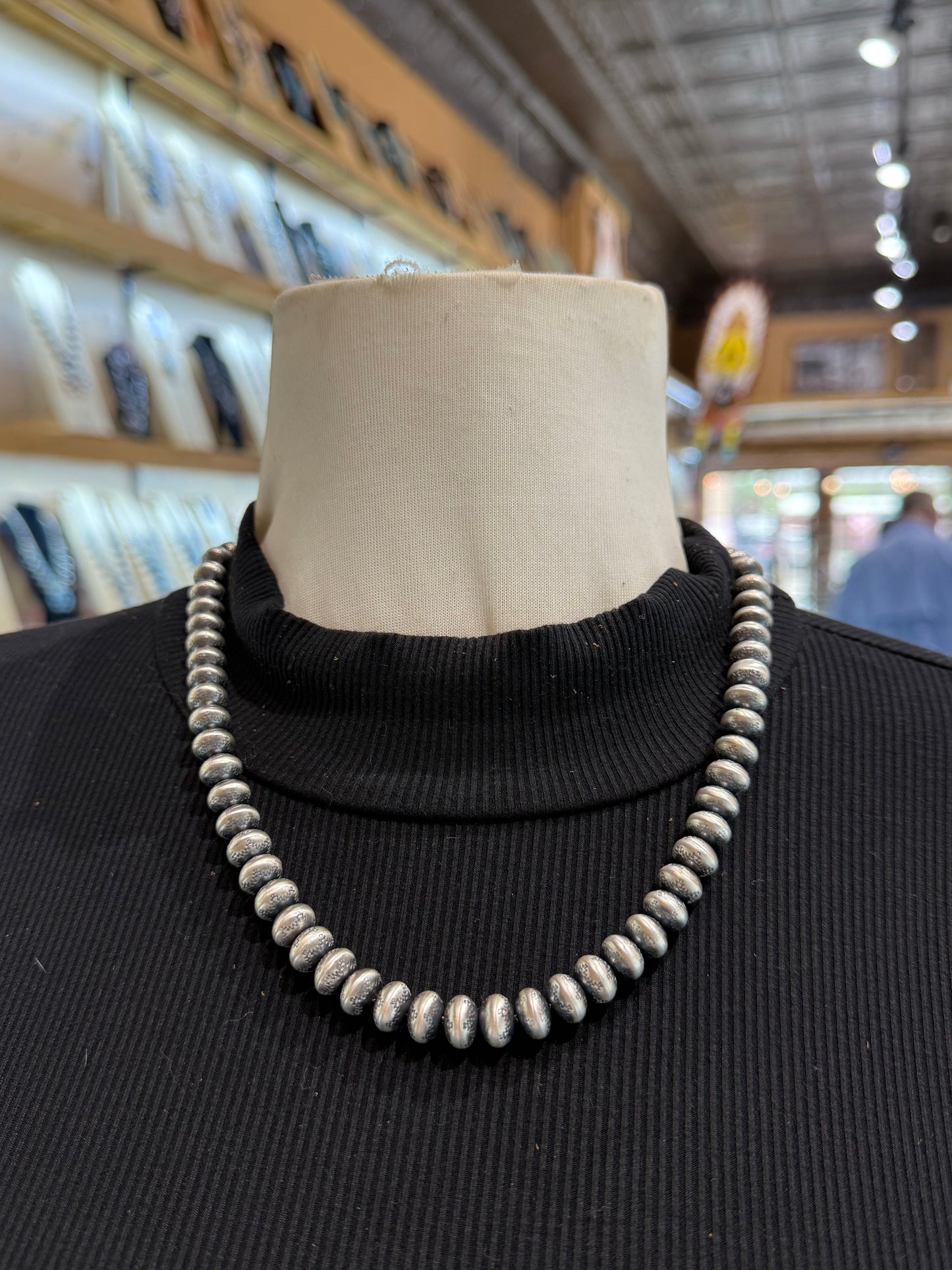 20" 9mm Stamped Handmade Navajo Pearls by Bryannen Halwood, Navajo