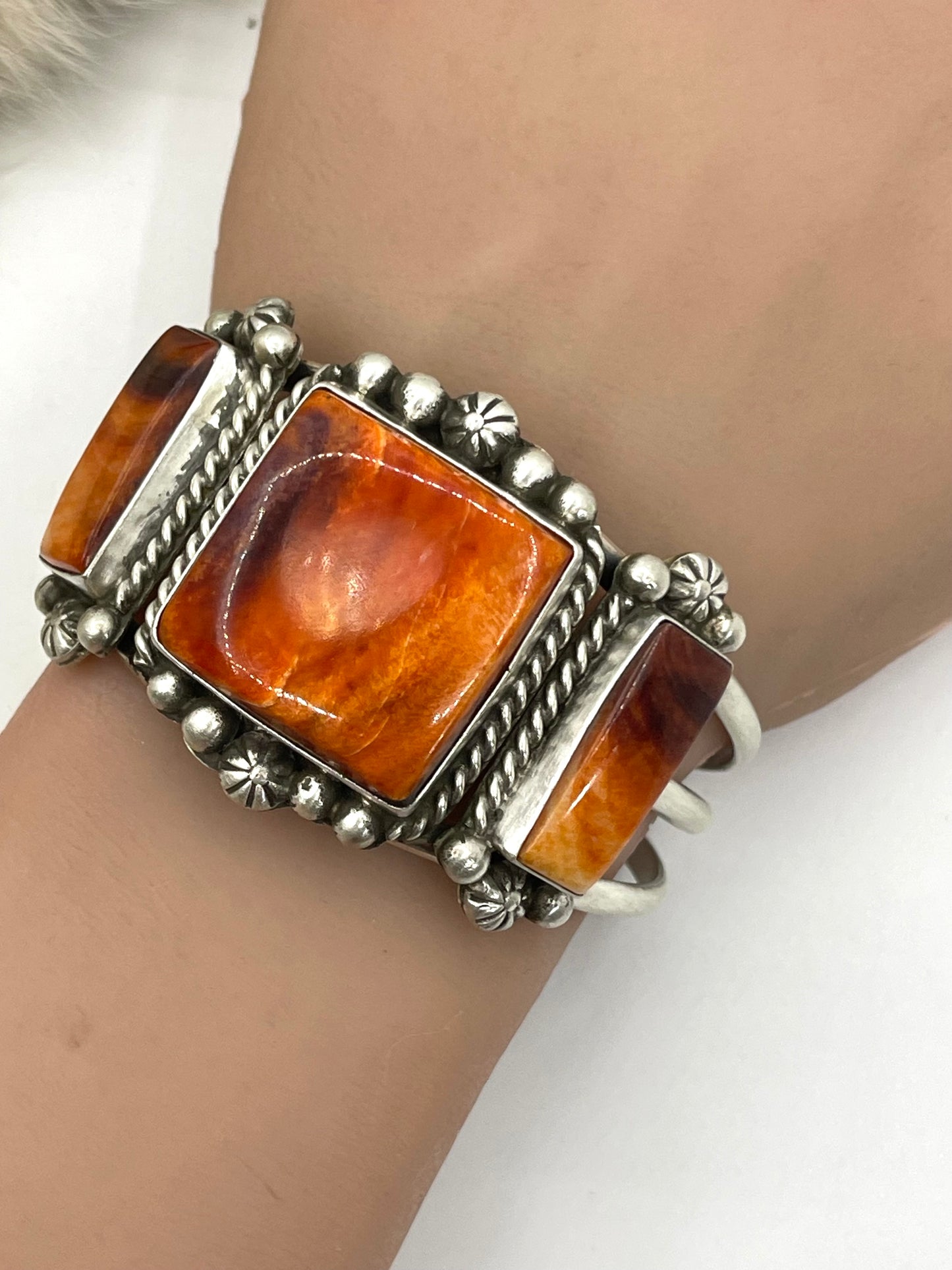 3 Stone Orange Spiny Oyster Cuff by Augustine Largo, Navajo