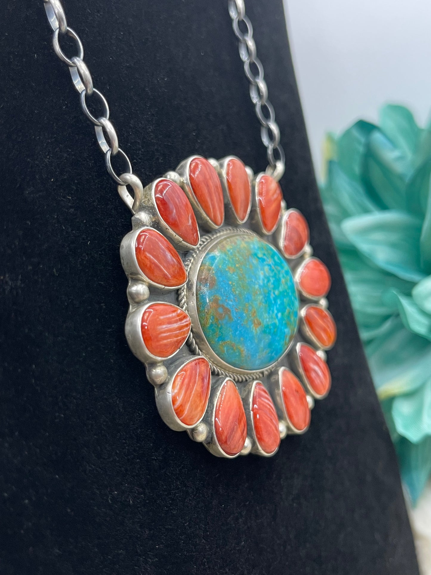 16" Red Spiny Oyster & Turquoise Cluster Necklace