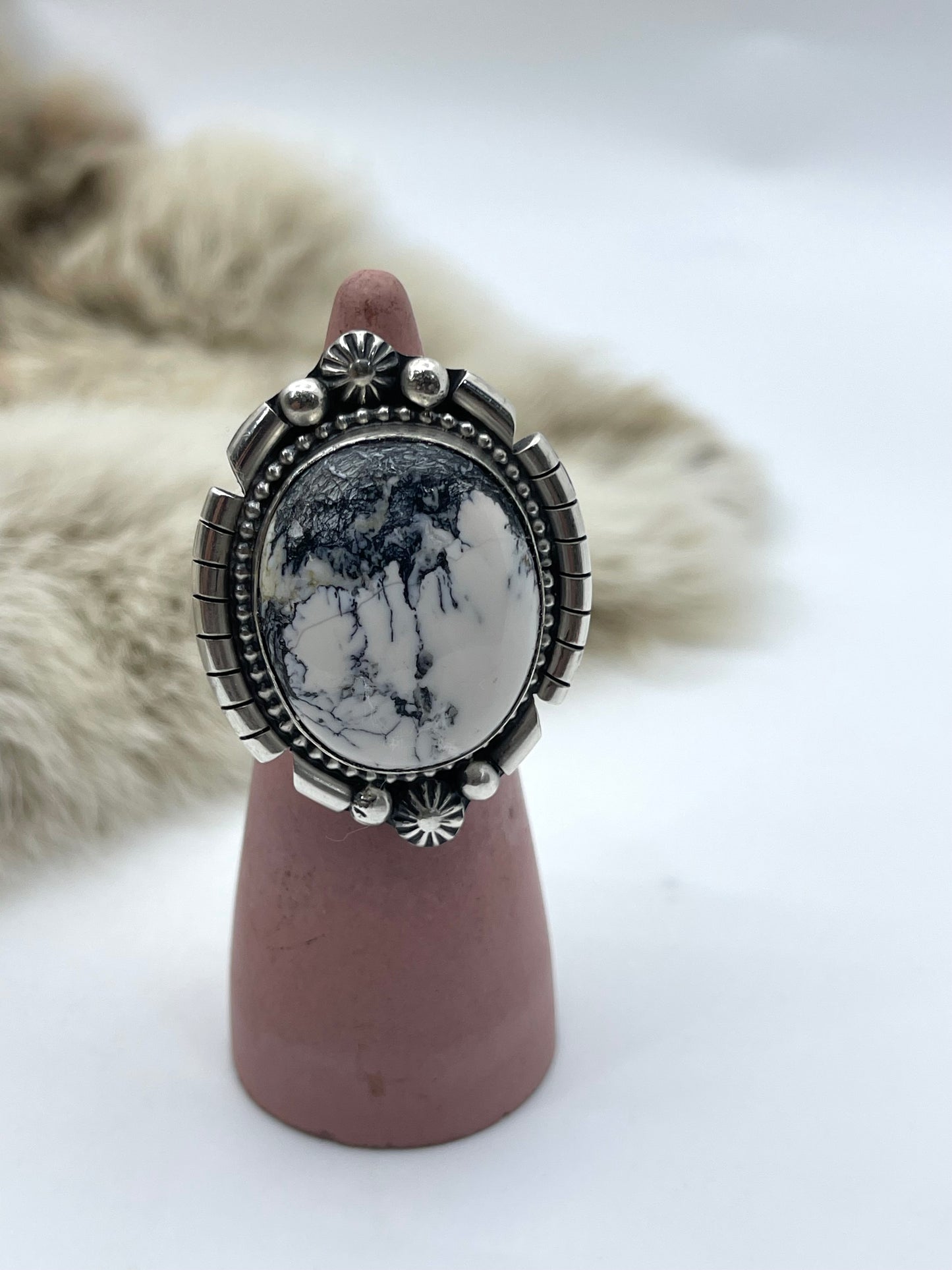 Adjustable 7.0-11.0 White Buffalo Ring by Ricardo Jurado, Mexican