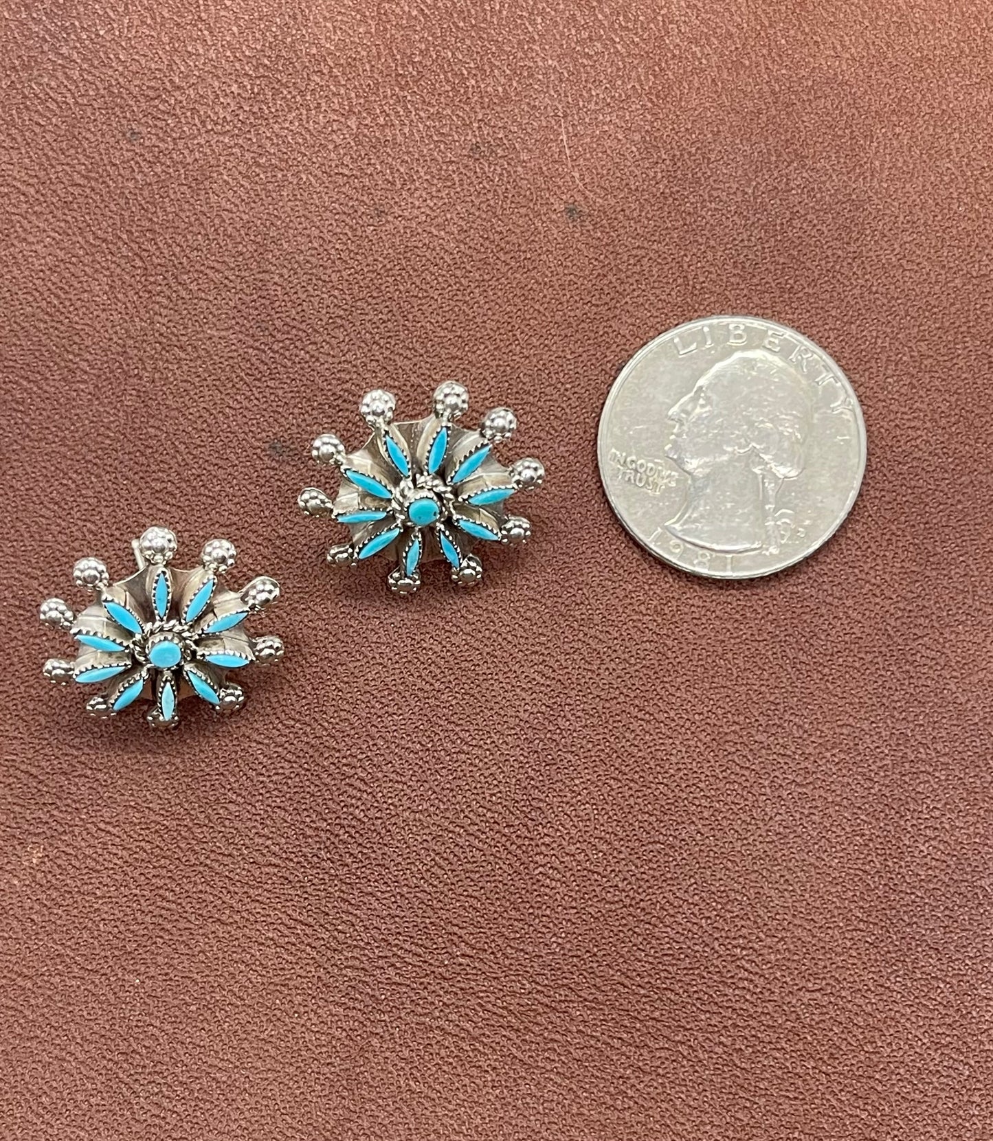 Turquoise Needlepoint Concho Style Post Earrings by Merlinda Chavez, Zuni