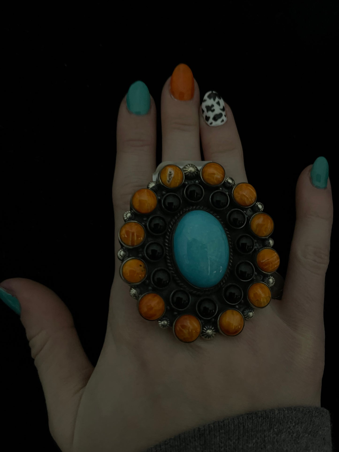 Adjustable 6-11 Black Onyx, Turquoise, and Spiny Oyster Cluster Ring by Zia