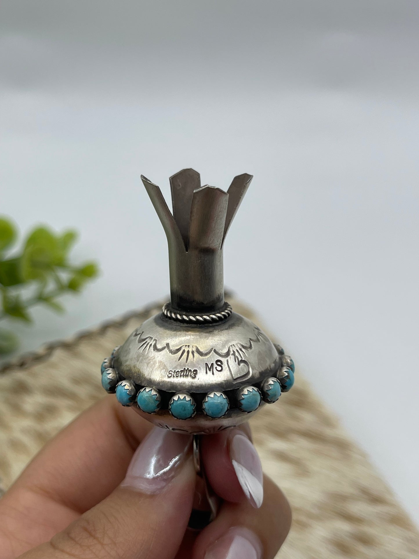 Stamped Blossom Pendant with Turquoise by Monica Smith, Navajo