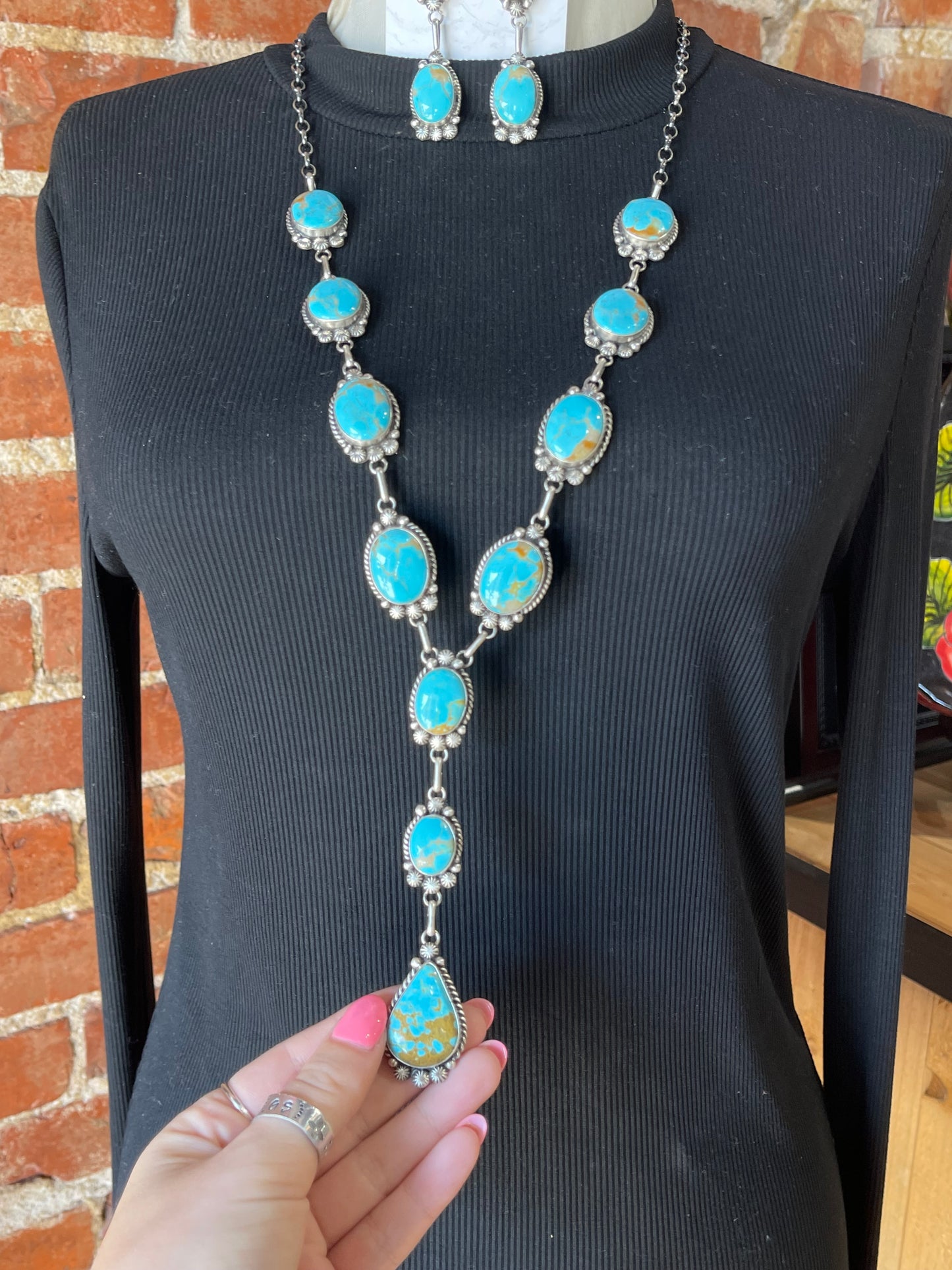 Kingman Turquoise Lariat and Earrings by Elouise Kee, Navajo 30" + 4.5" Drop