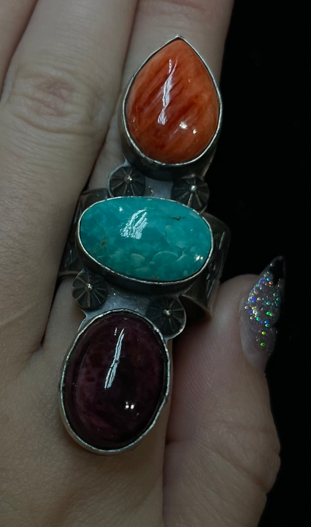 9.0 Purple Spiny, Sonoran Gold Turquoise, and Red Spiny Ring by Boyd Ashley, Navajo