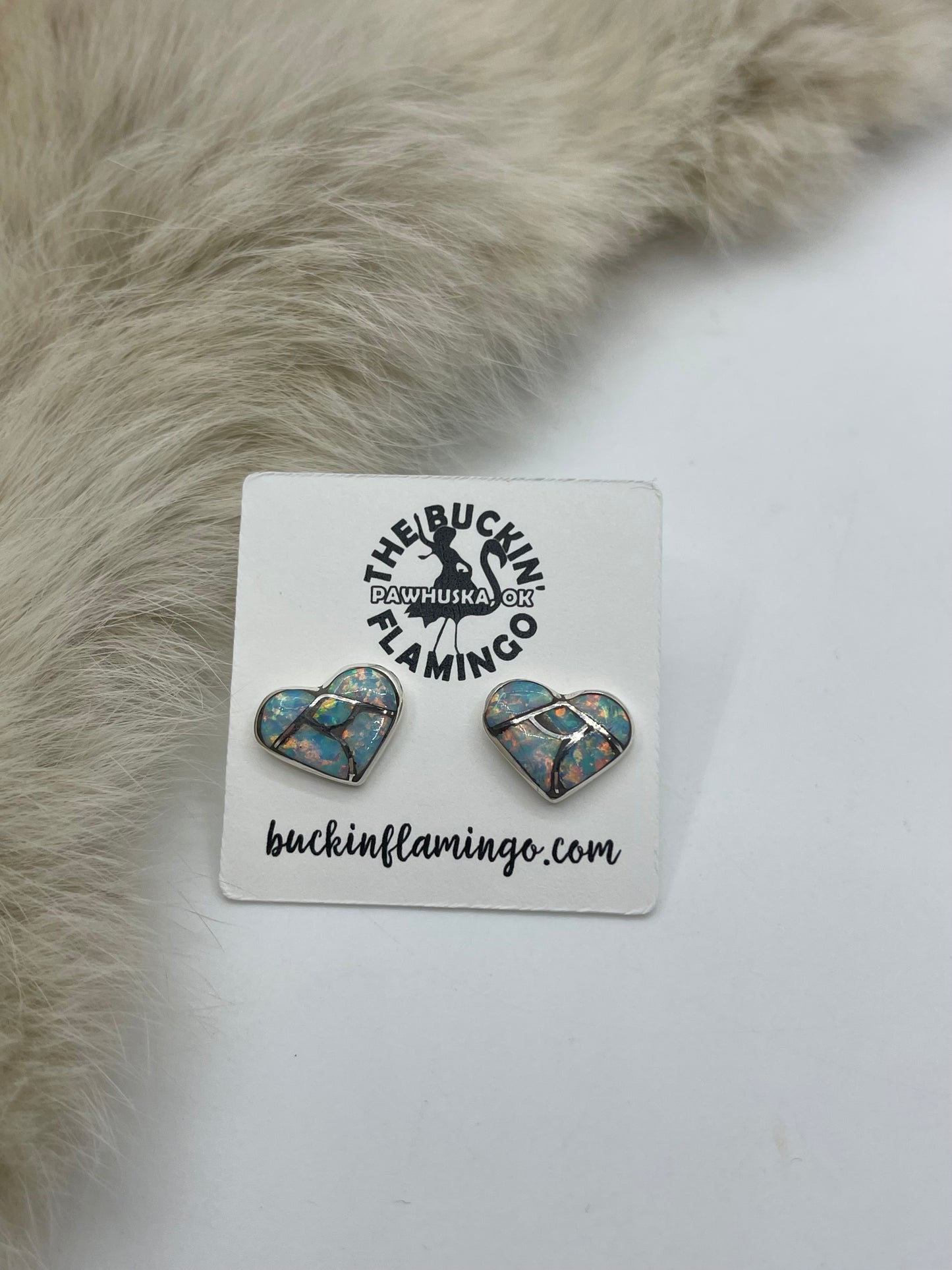 White Opal Inlay Heart Earrings By Orena Leekya, Zuni