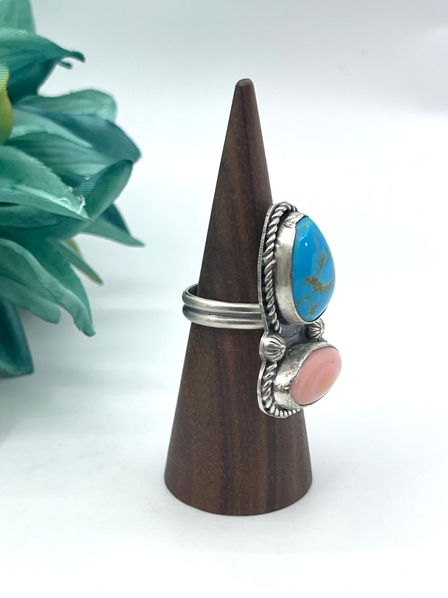 Adjustable Kingman Turquoise & Pink Conch Shell 2 Stone Adjustable Ring 6.0-10.0 by Boyd J. Ashley, Navajo