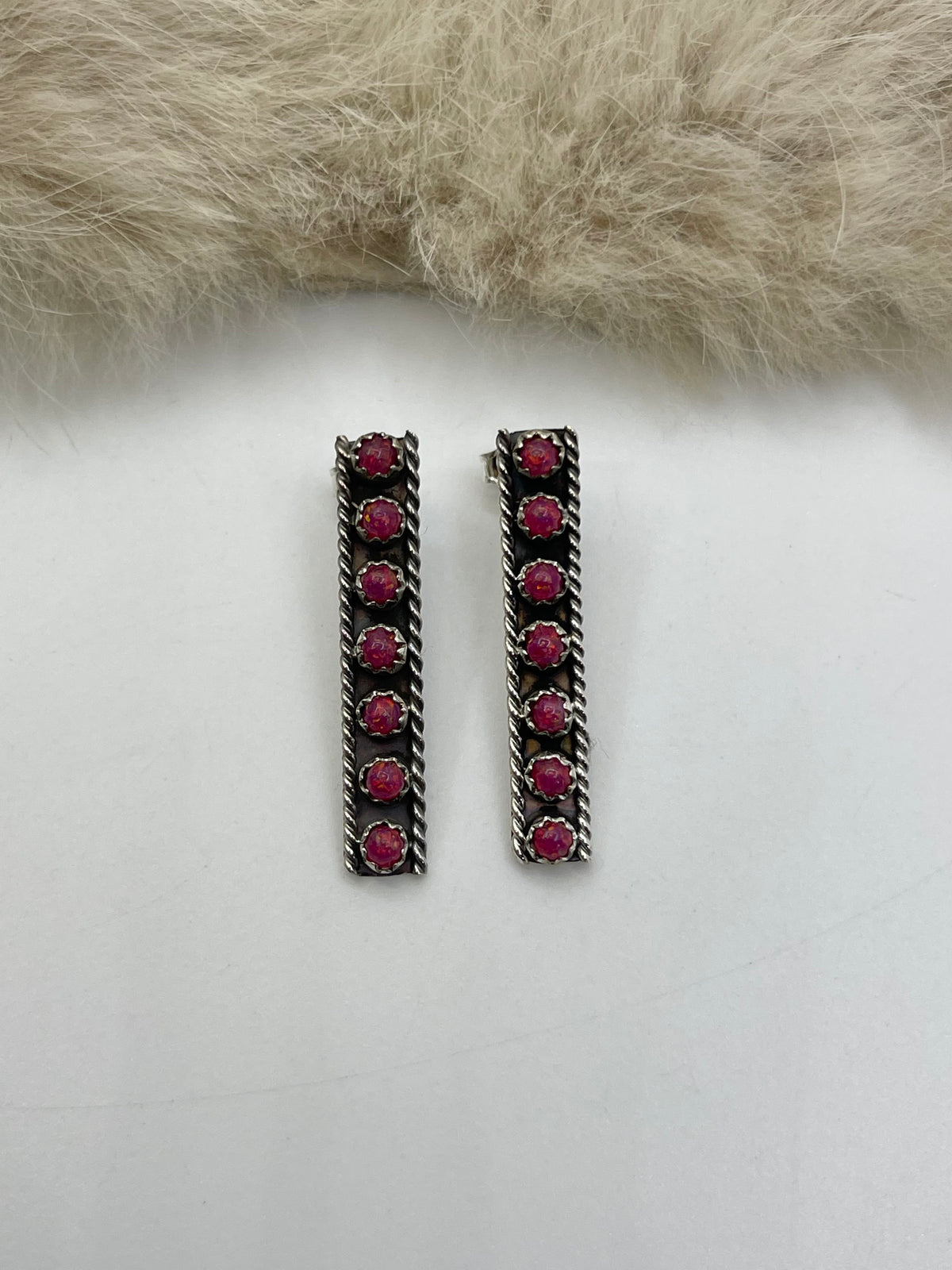 Dark Pink Opal Long Rectangle Earrings by Janice Spencer, Navajo