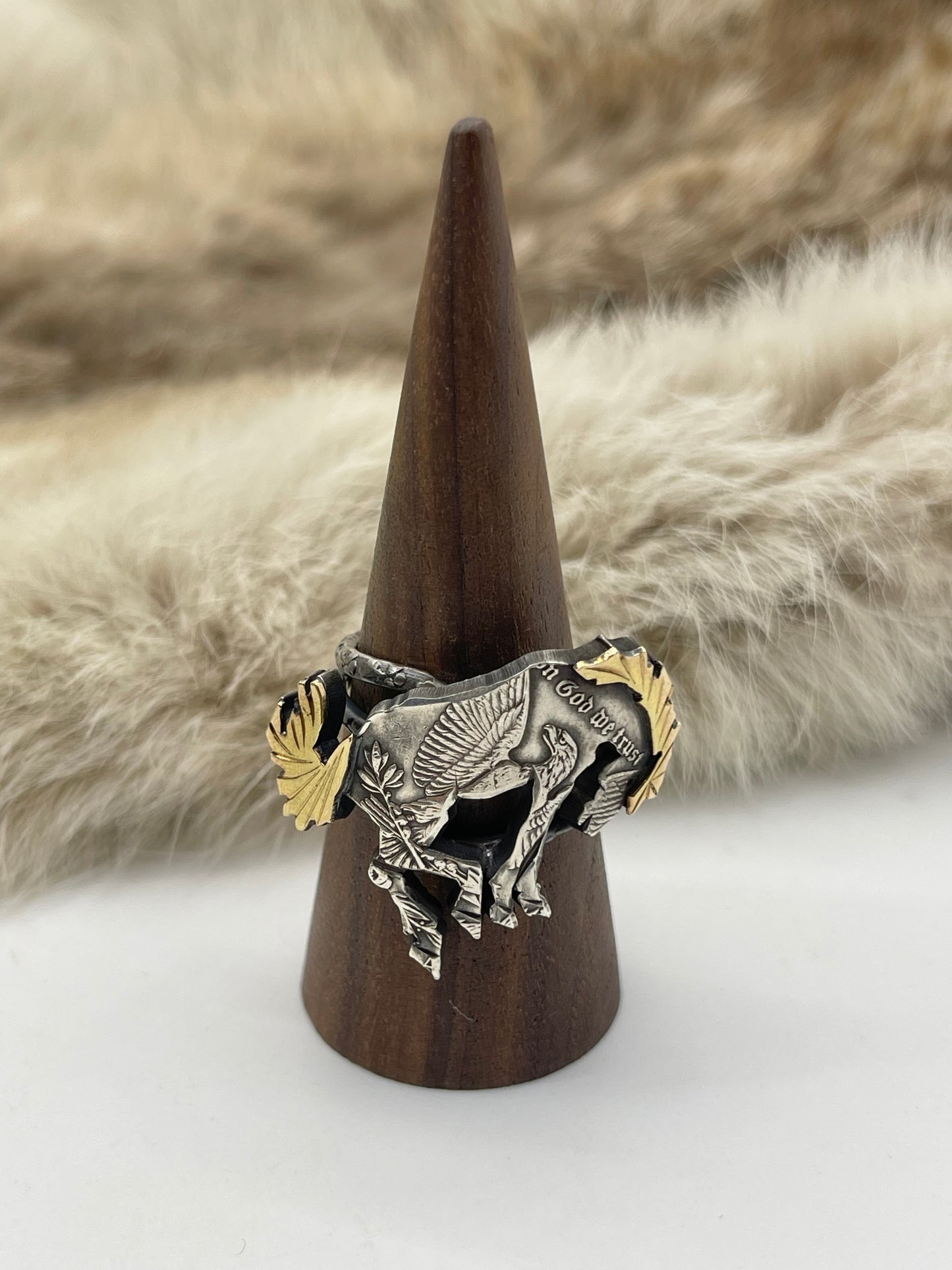 Adjustable 11.0-14.0 Bad Bronc Buckin’ Horse Ring from Silver Dollar Coin & 14K Gold Mane & Tailby Bad Bronc