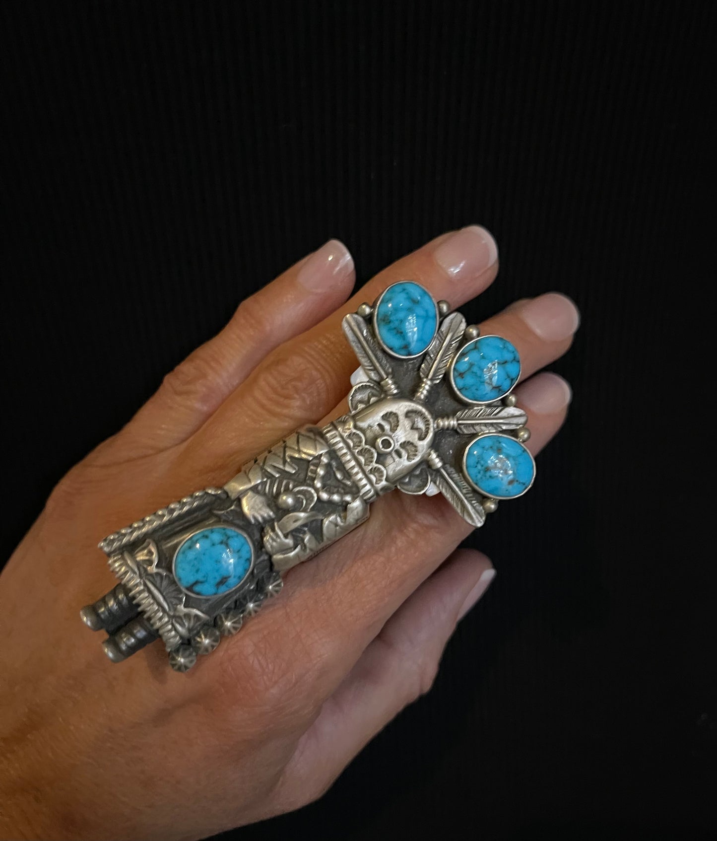7.5 Kachina Kingman Web Turquoise Ring by Patrick Yazzie, Navajo